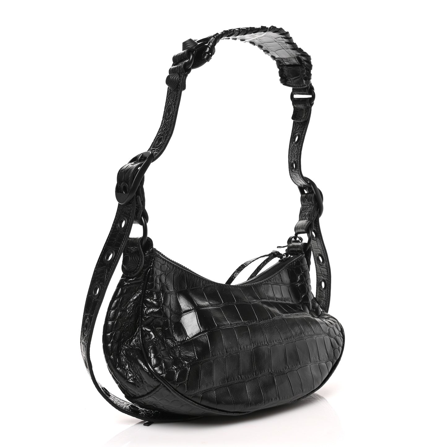 Extra Supple Calfskin Crocodile Embossed Monochrome Le Cagole Shoulder Bag XS Black