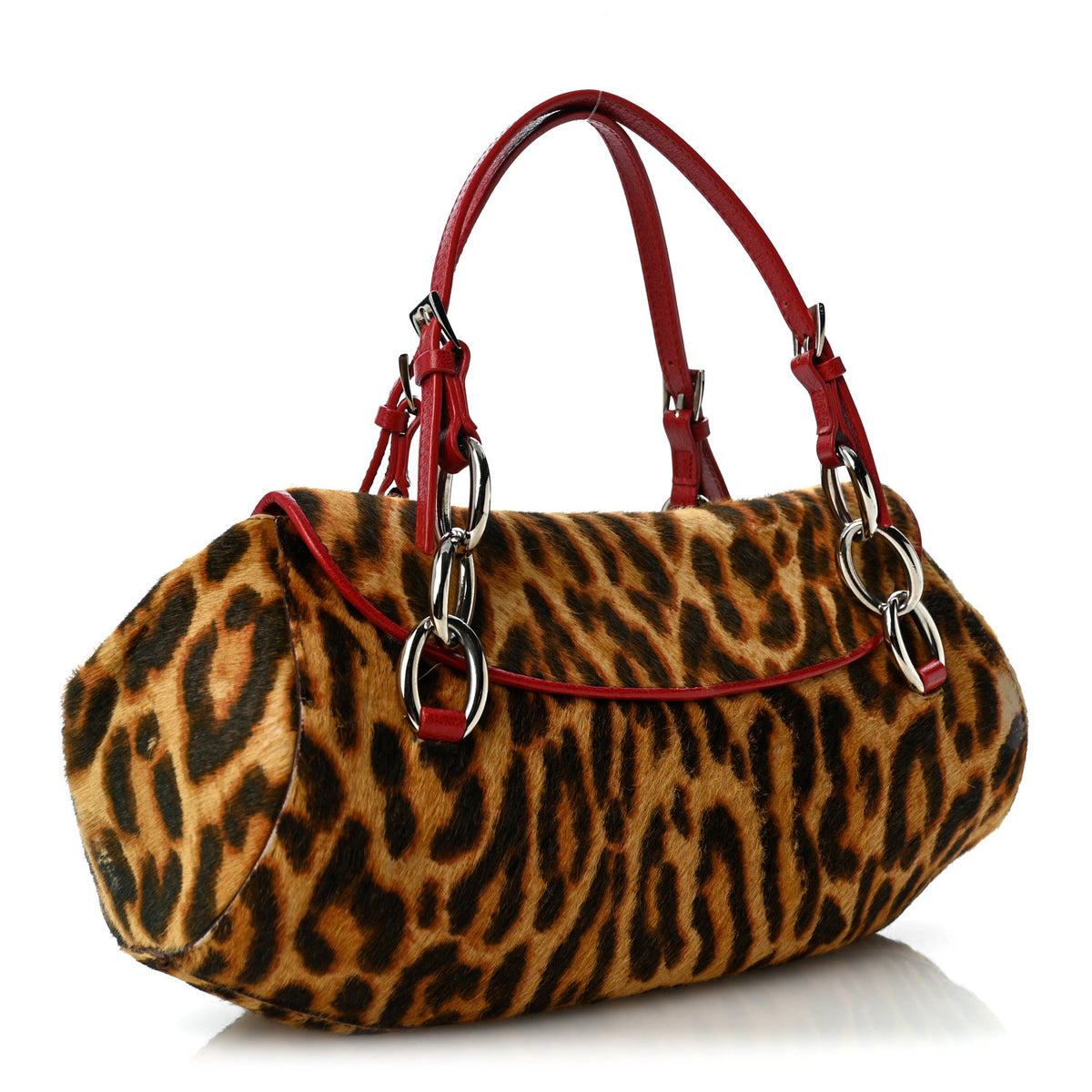Pony Hair Leopard Print Diva Logo Shoulder Bag Red