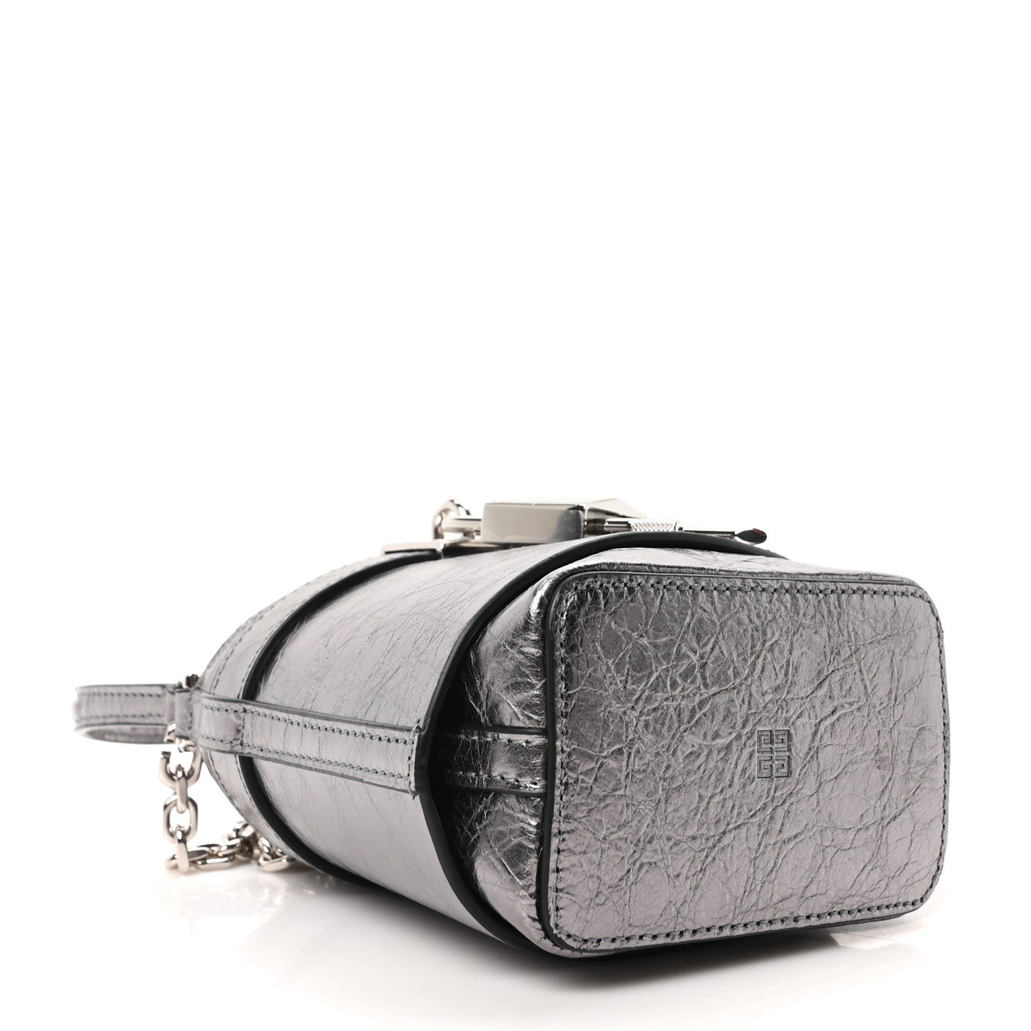 Laminated Lambskin Micro Shark Lock Bucket Bag Silvery Grey