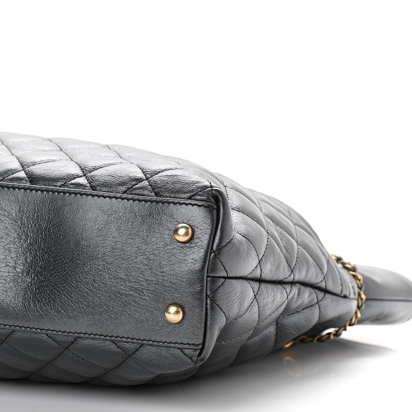 Metallic Aged Calfskin Quilted Drawstring Shopping Tote Dark Grey