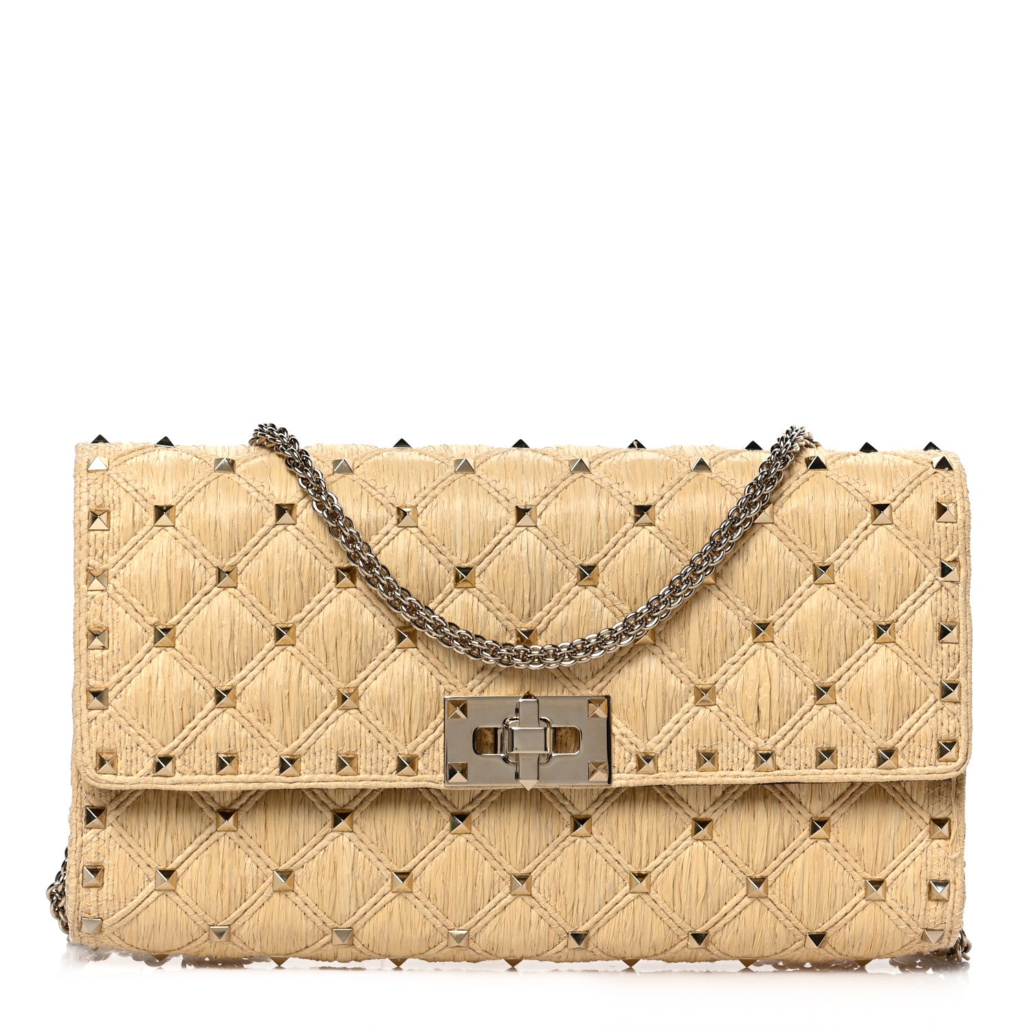 Valentino Garavani Raffia Lambskin Rockstud Spike Wallet on Chain Naturale 1 of 8