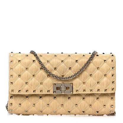 Valentino Garavani Raffia Lambskin Rockstud Spike Wallet on Chain Naturale 1 of 8