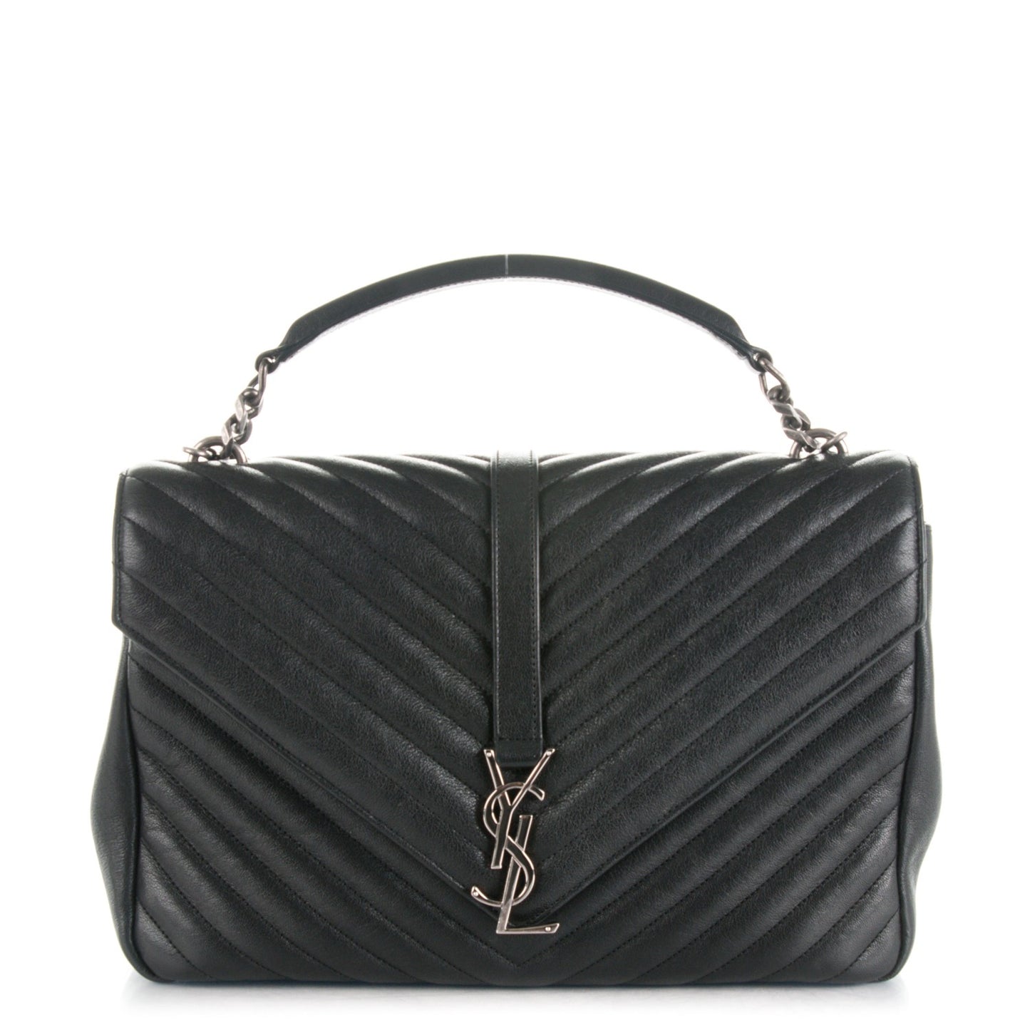 Sheepskin Matelasse Chevron Monogram Large College Satchel Black