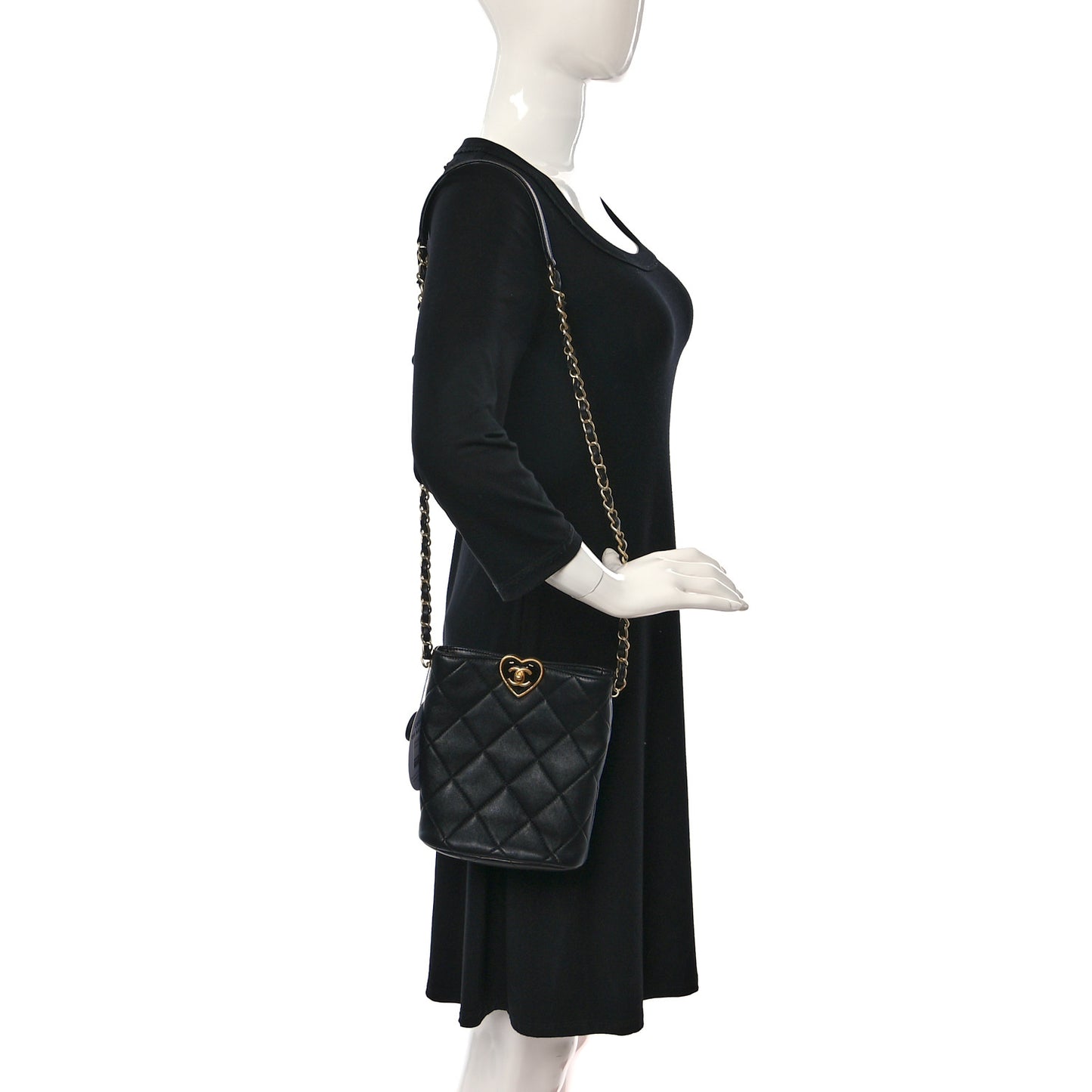 Lambskin Plexiglass Quilted Coco Love Bucket Bag Black