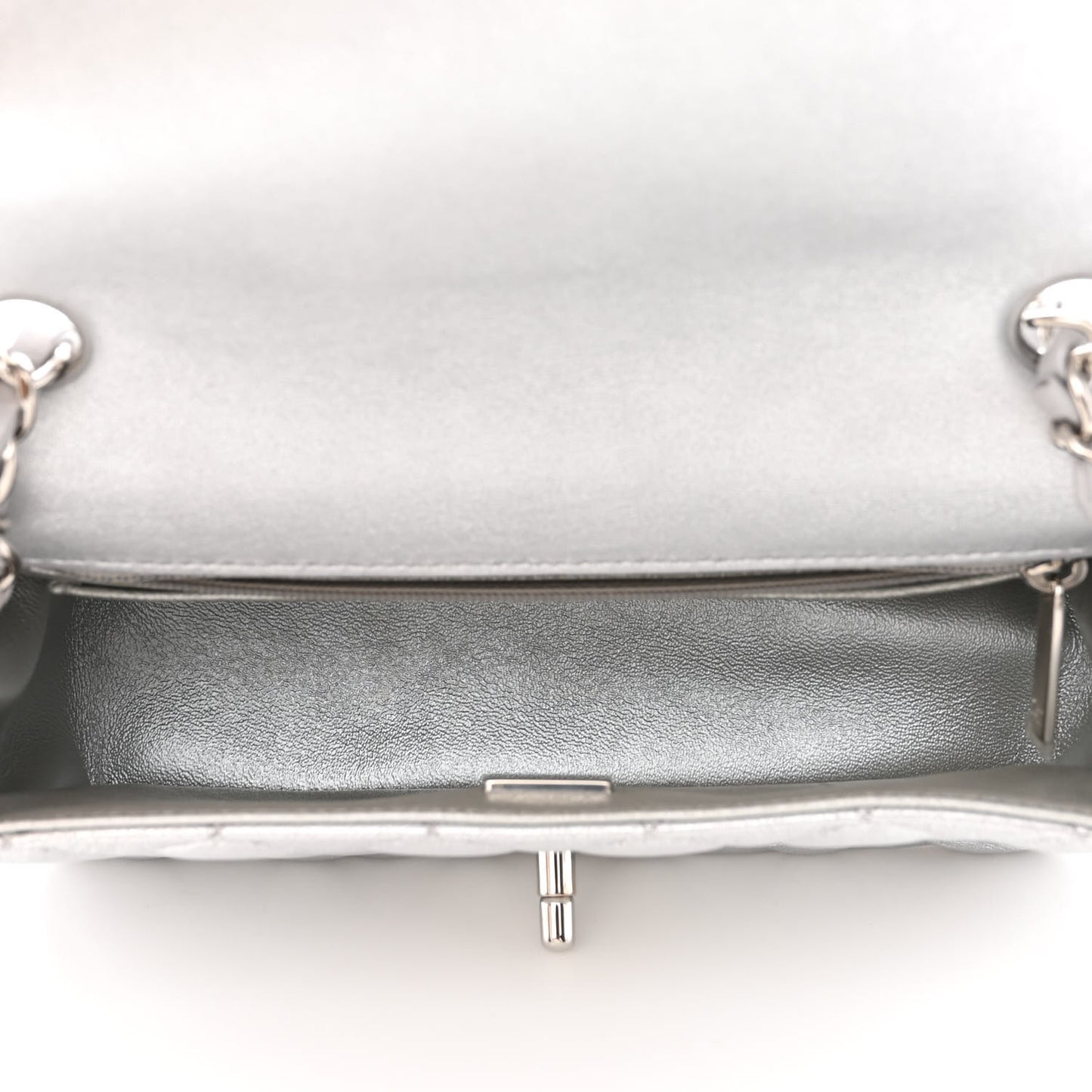 Metallic Lambskin Quilted Mini Rectangular Flap Silver