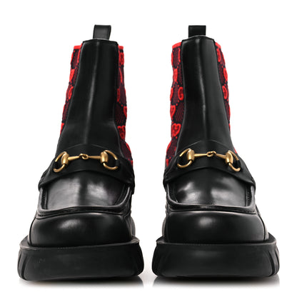 Gucci Quebec Calfskin Technical Jersey Knit GG Monogram Mens Horsebit Ankle Boots 11.5 Black Light Hibiscus Red 3 of 12