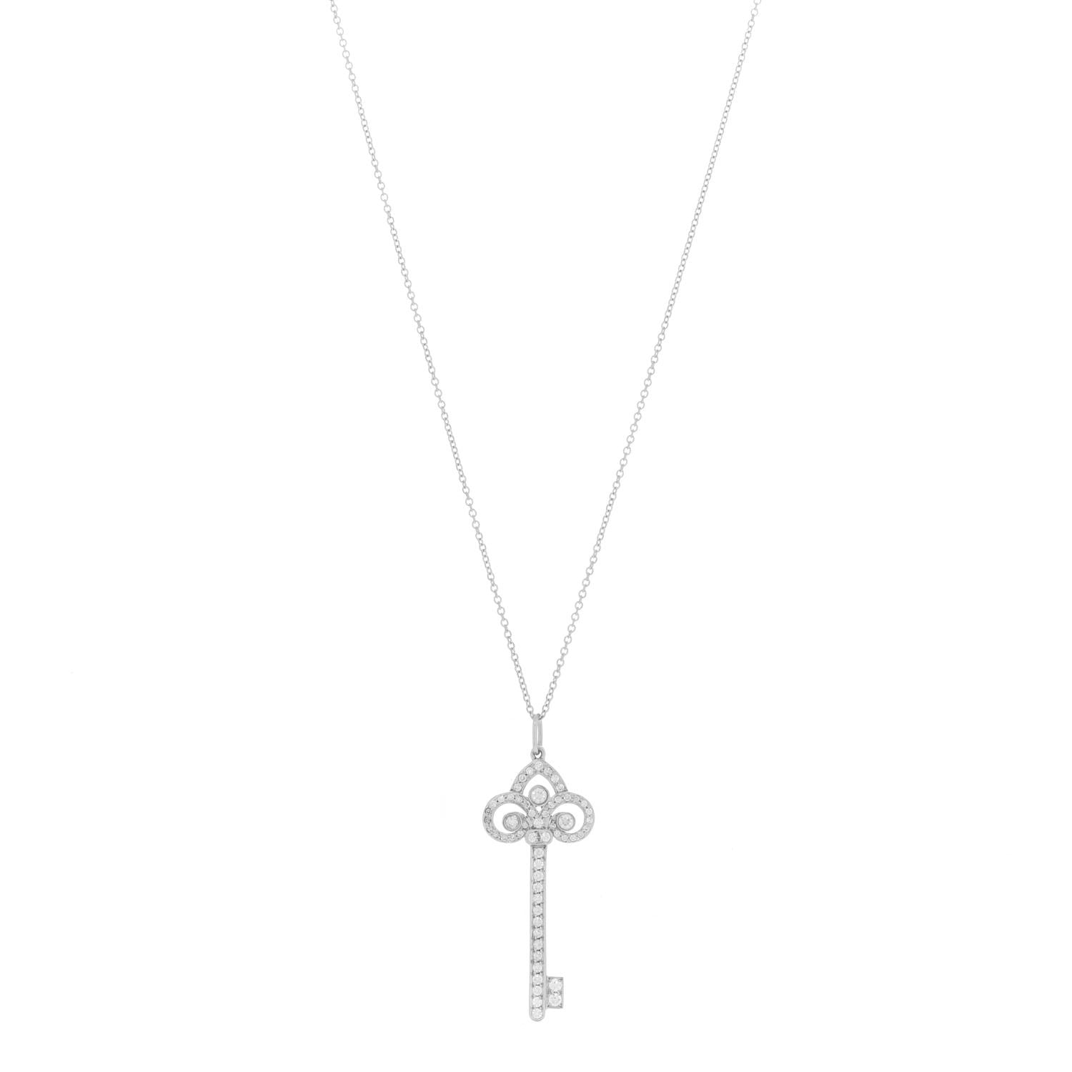 Tiffany Platinum Diamond .41ct Fleur De Lis Key Pendant Necklace 1 of 6