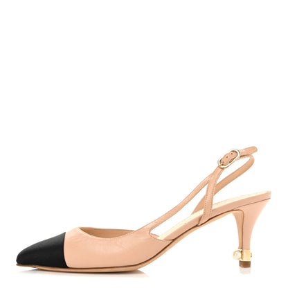 Chanel Lambskin Pearl Cap Toe CC Slingback Pumps 39.5 Beige Black 1 of 13