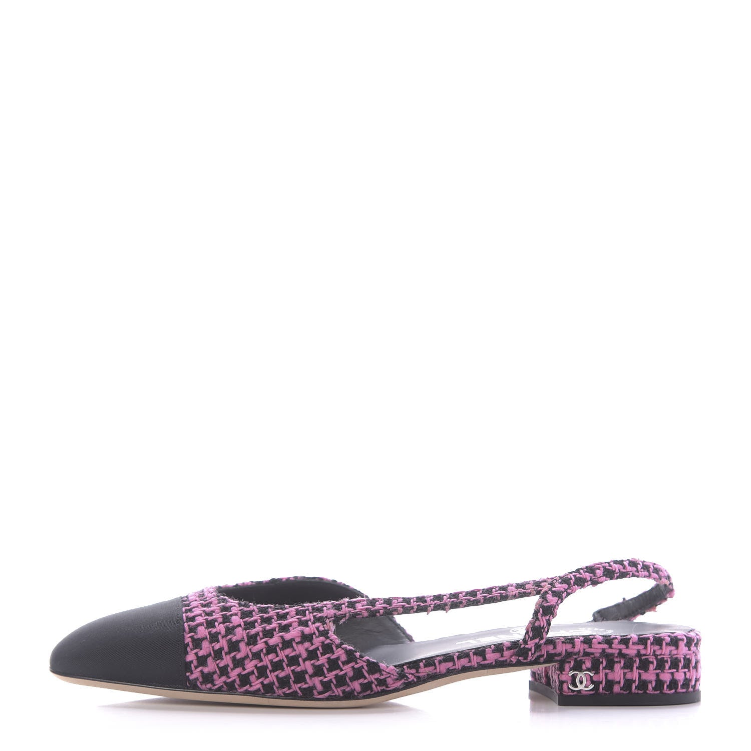 Chanel Tweed Grosgrain Cap Toe CC Slingback Flat 39 Pink Black 1 of 10