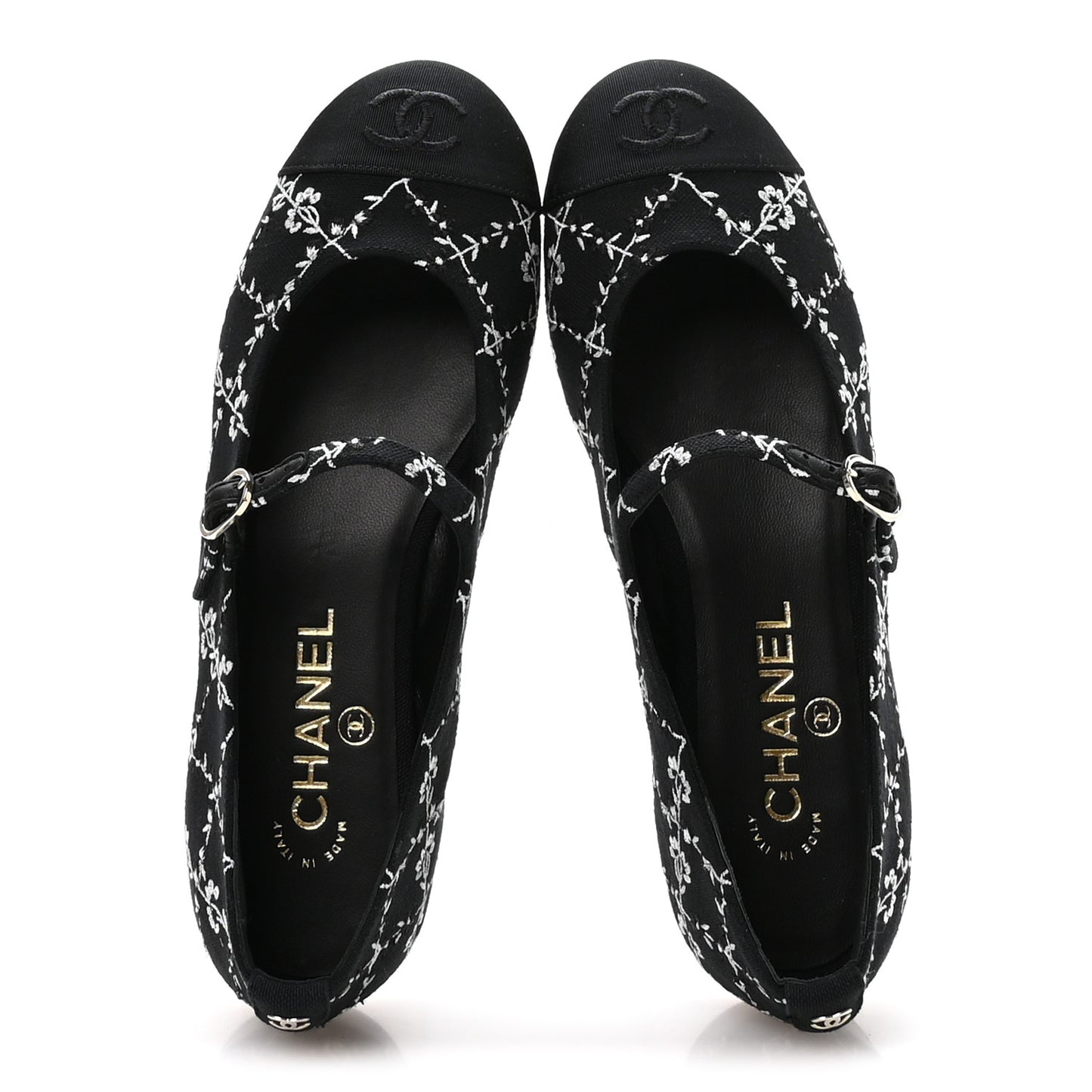 Grosgrain Floral Embroidered CC Cap Toe Ballerina Flats 37 Black White