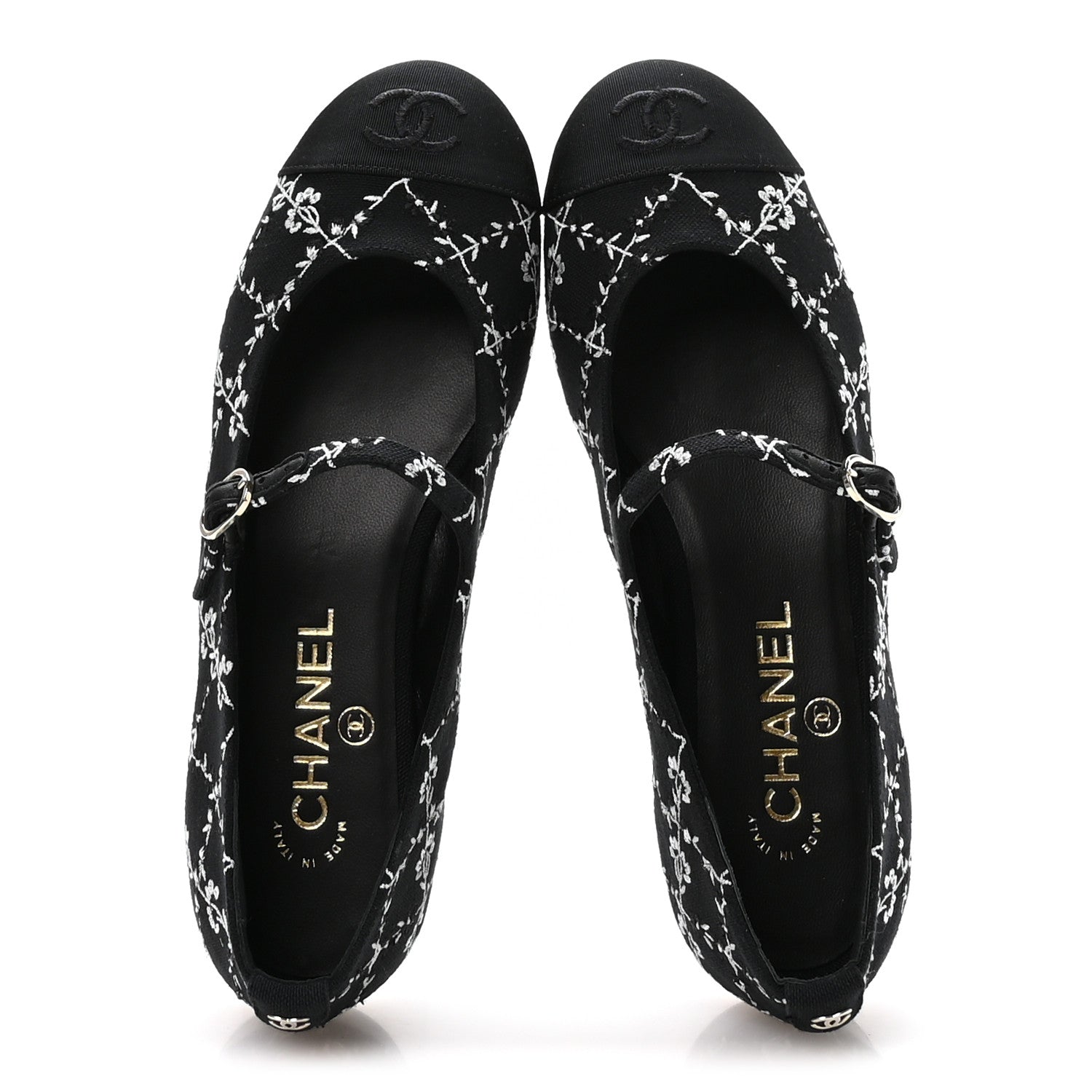 Chanel Grosgrain Floral Embroidered CC Cap Toe Ballerina Flats 37 Black White 2 of 9