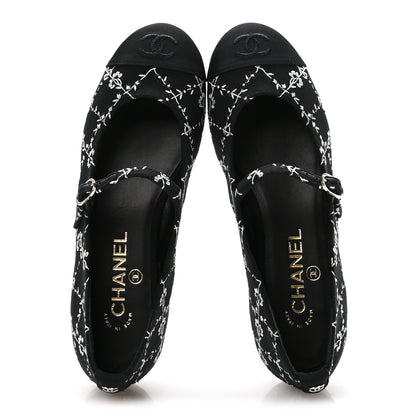 Chanel Grosgrain Floral Embroidered CC Cap Toe Ballerina Flats 37 Black White 2 of 9