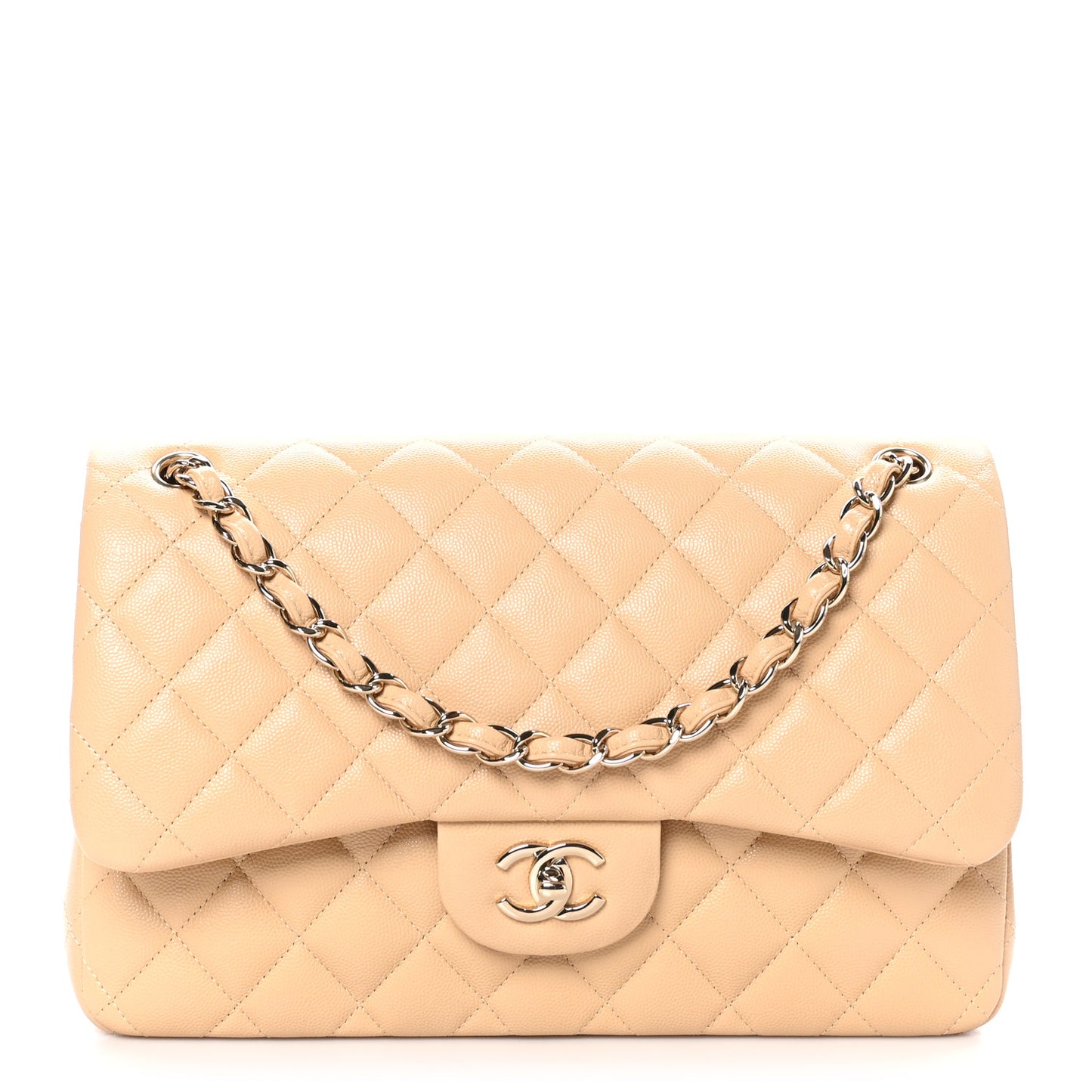 Caviar Quilted Jumbo Double Flap Beige