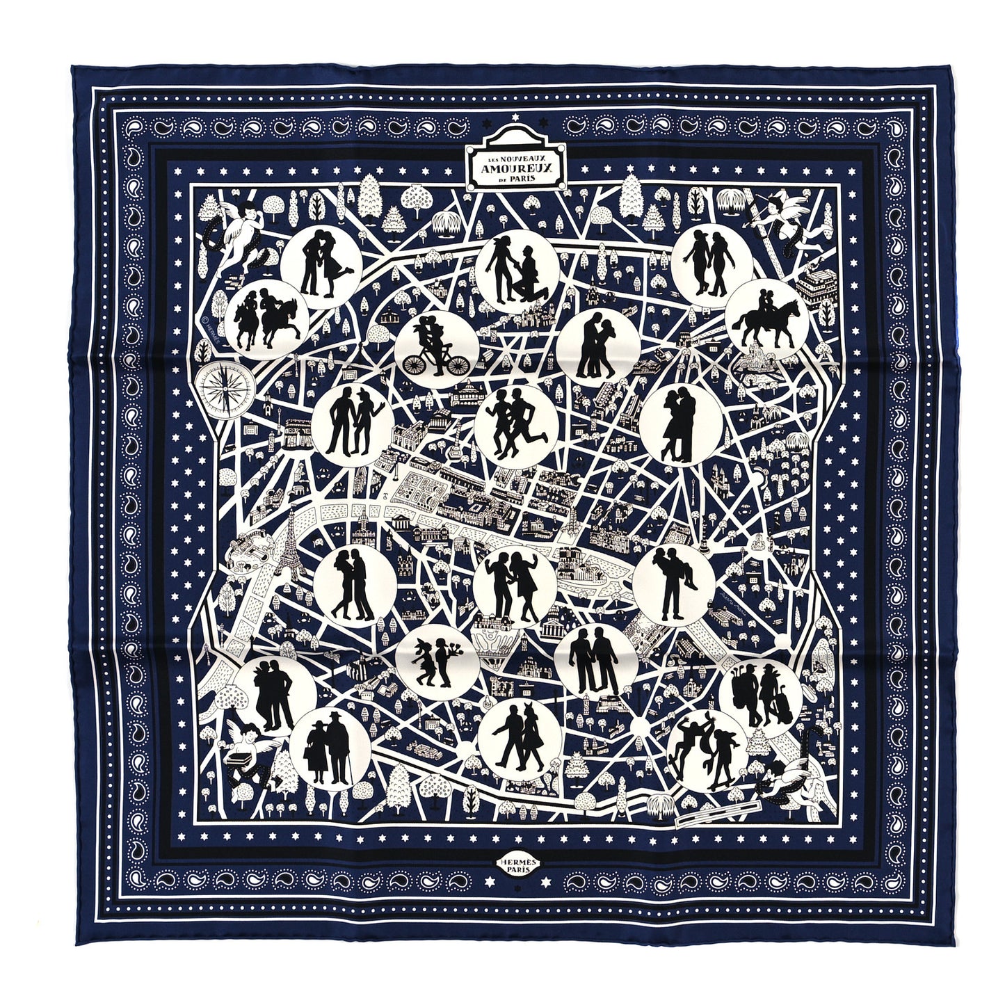 Silk Les Nouveaux Amoureux de Paris Bandana Scarf 55 Bleu Canard Black Gris