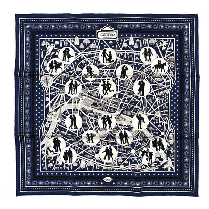 Hermes Silk Les Nouveaux Amoureux de Paris Bandana Scarf 55 Bleu Canard Black Gris 1 of 3