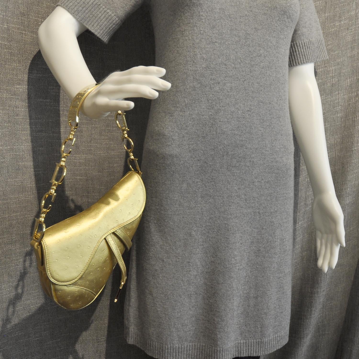 Christian Dior Ostrich Saddle Bag Gold 3 of 8