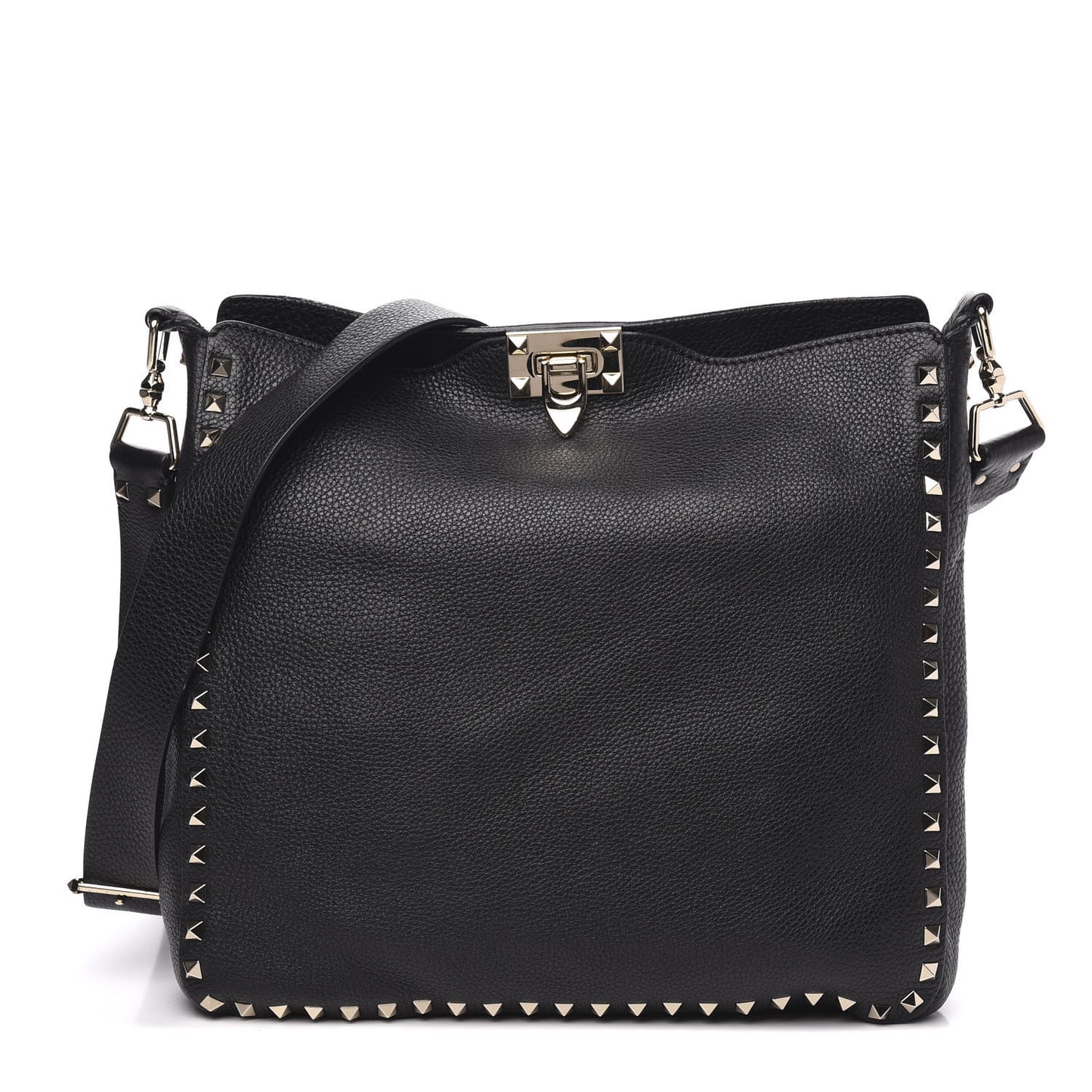Pebbled Calfskin Large Rockstud Flip-Lock Messenger Bag Black