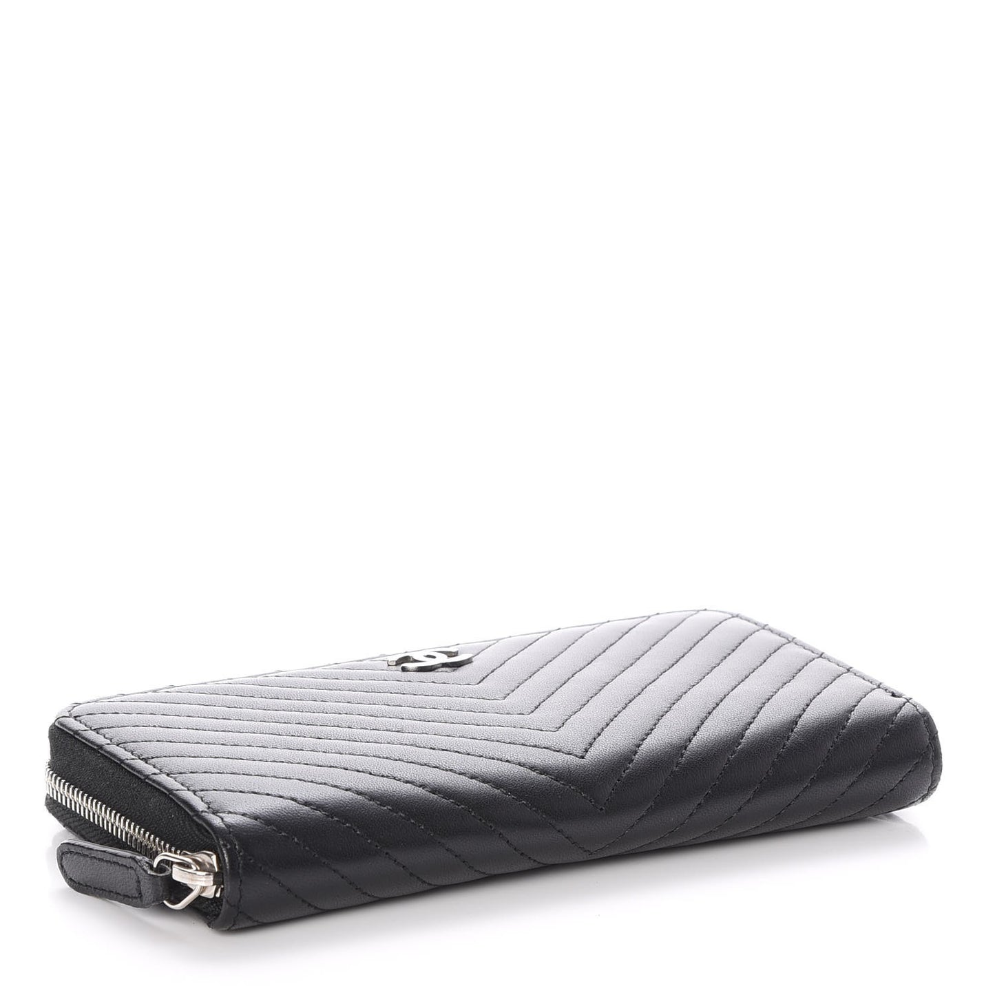 Lambskin Chevron Quilted Small Zip Around Wallet Black