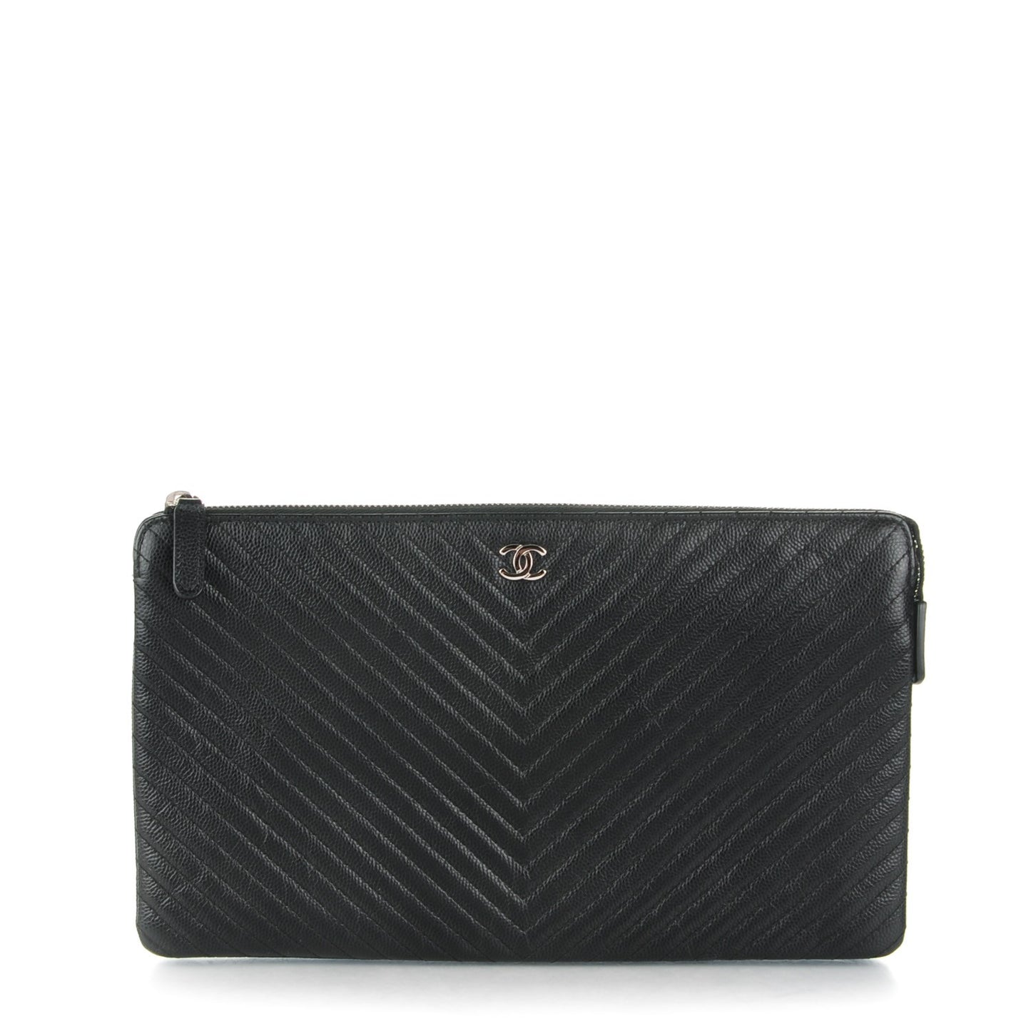 Caviar Chevron Quilted Large Zipped Clutch Black