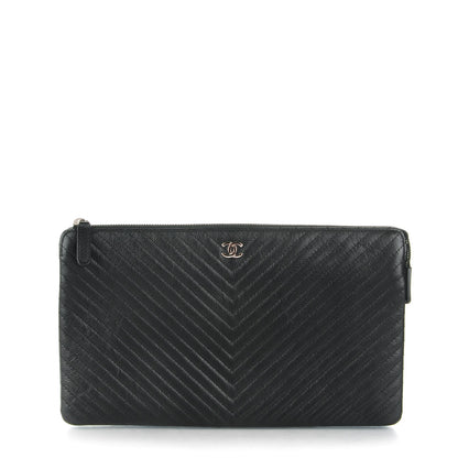 Chanel Caviar Chevron Quilted Large Zipped Clutch Black 1 of 8
