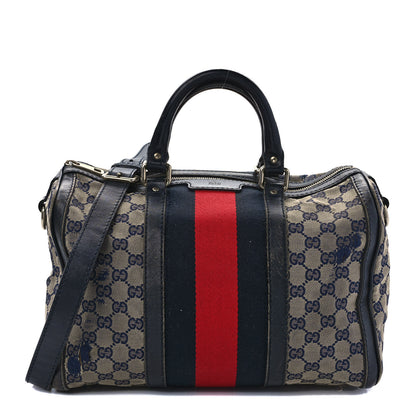Gucci Monogram Selleria Calfskin Vintage Web Medium Boston Beige Blue 1 of 18