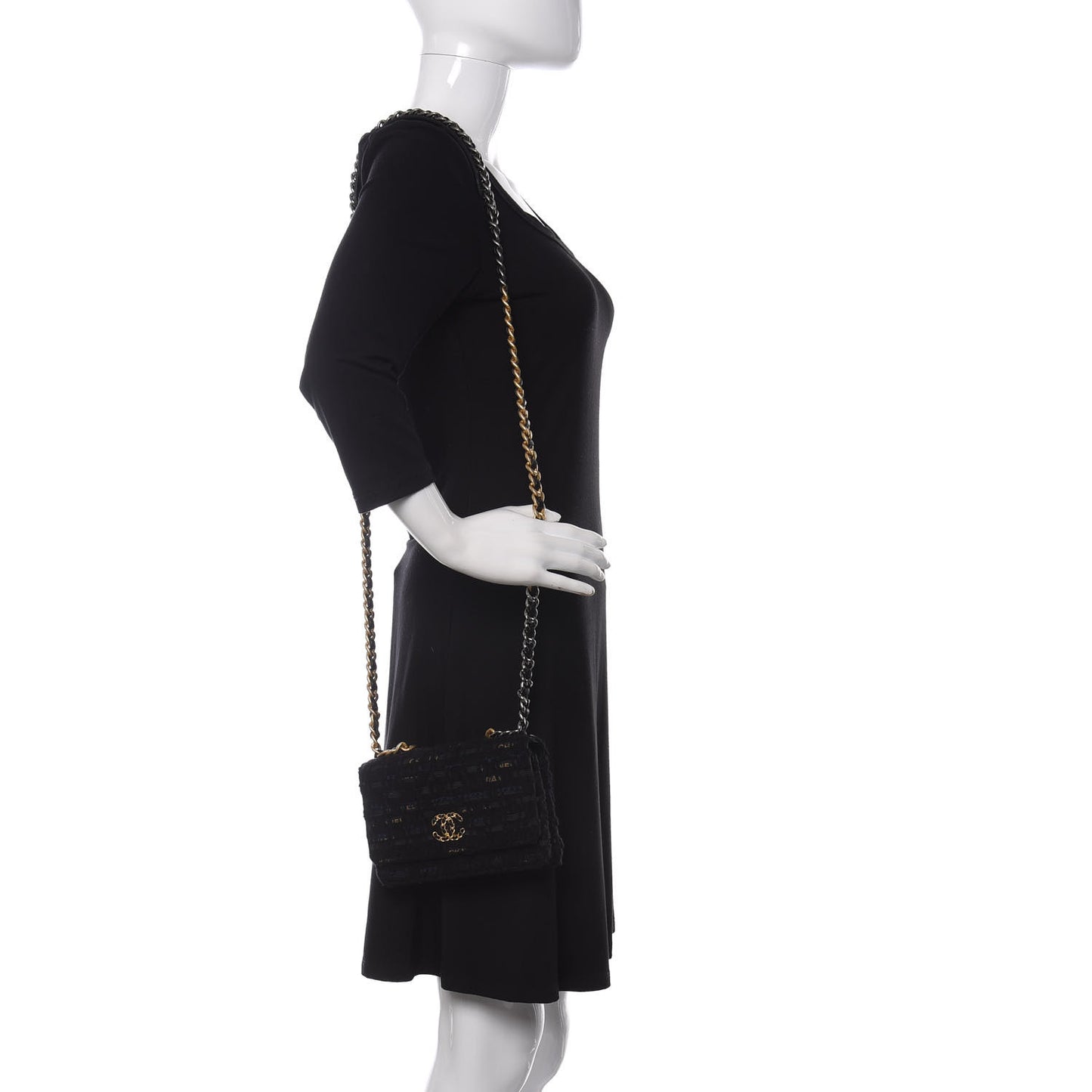 Tweed Quilted Chanel 19 Wallet On Chain WOC Black Navy Gold