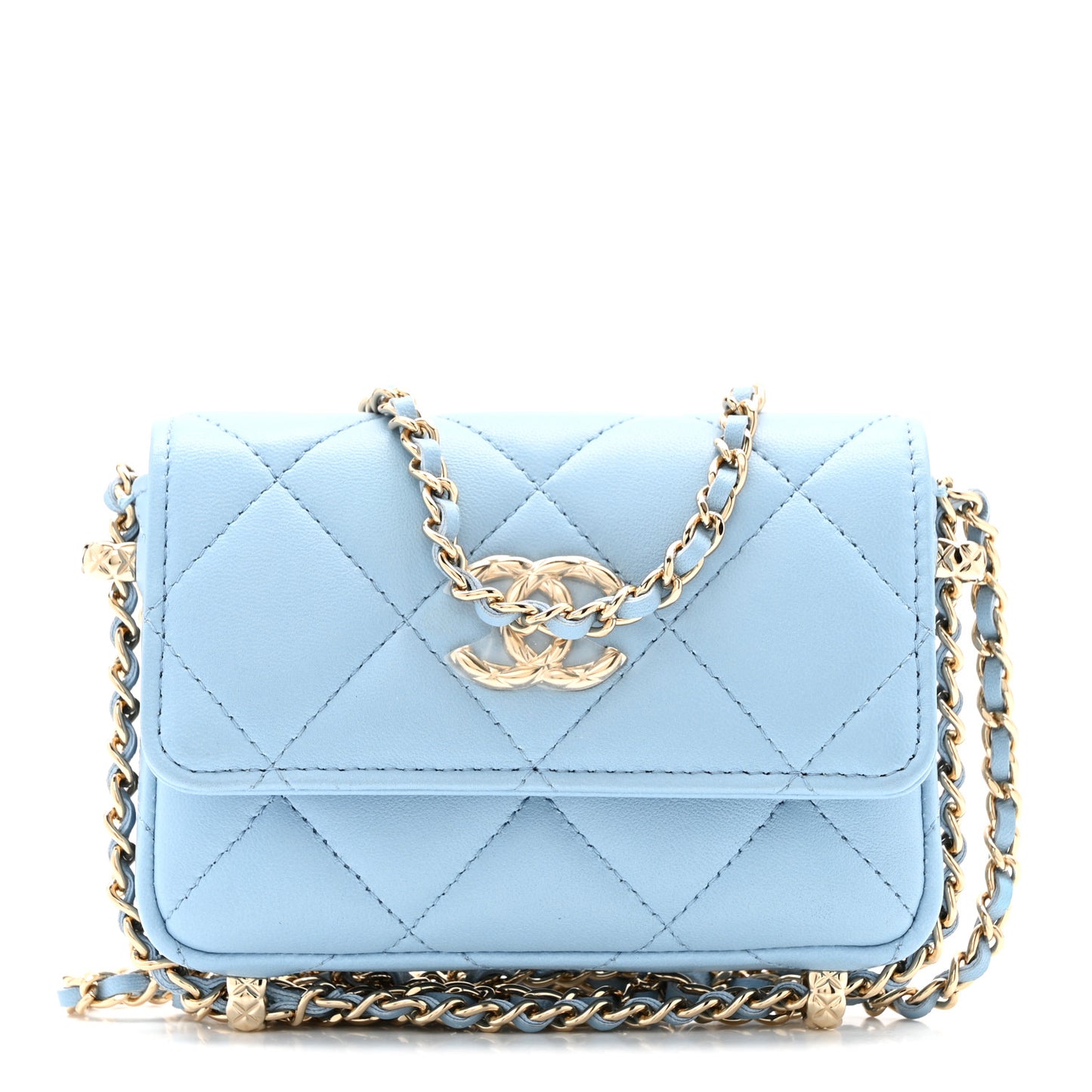 Lambskin Quilted Chain Around Coin Purse With Chain Light Blue