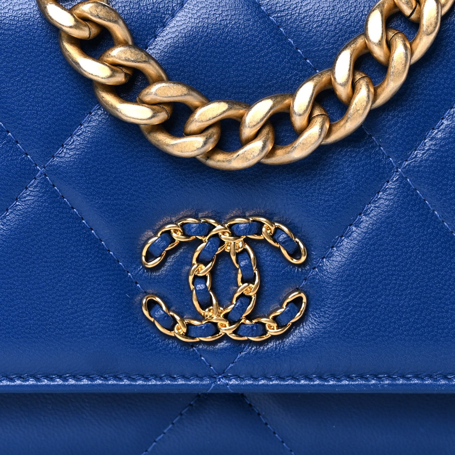 Goatskin Quilted Chanel 19 Wallet On Chain WOC Blue