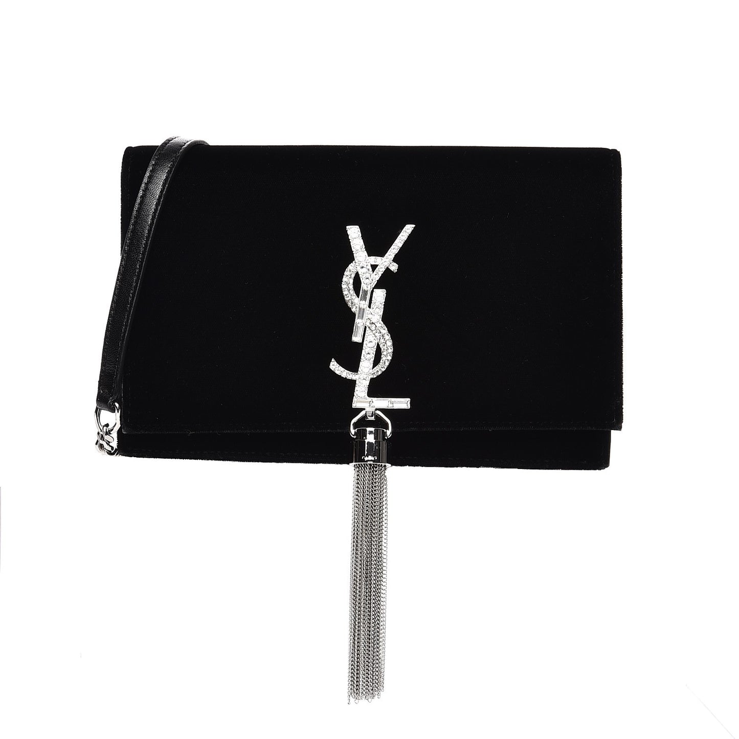 Velvet Crystal Monogram Tassel Chain Wallet Black