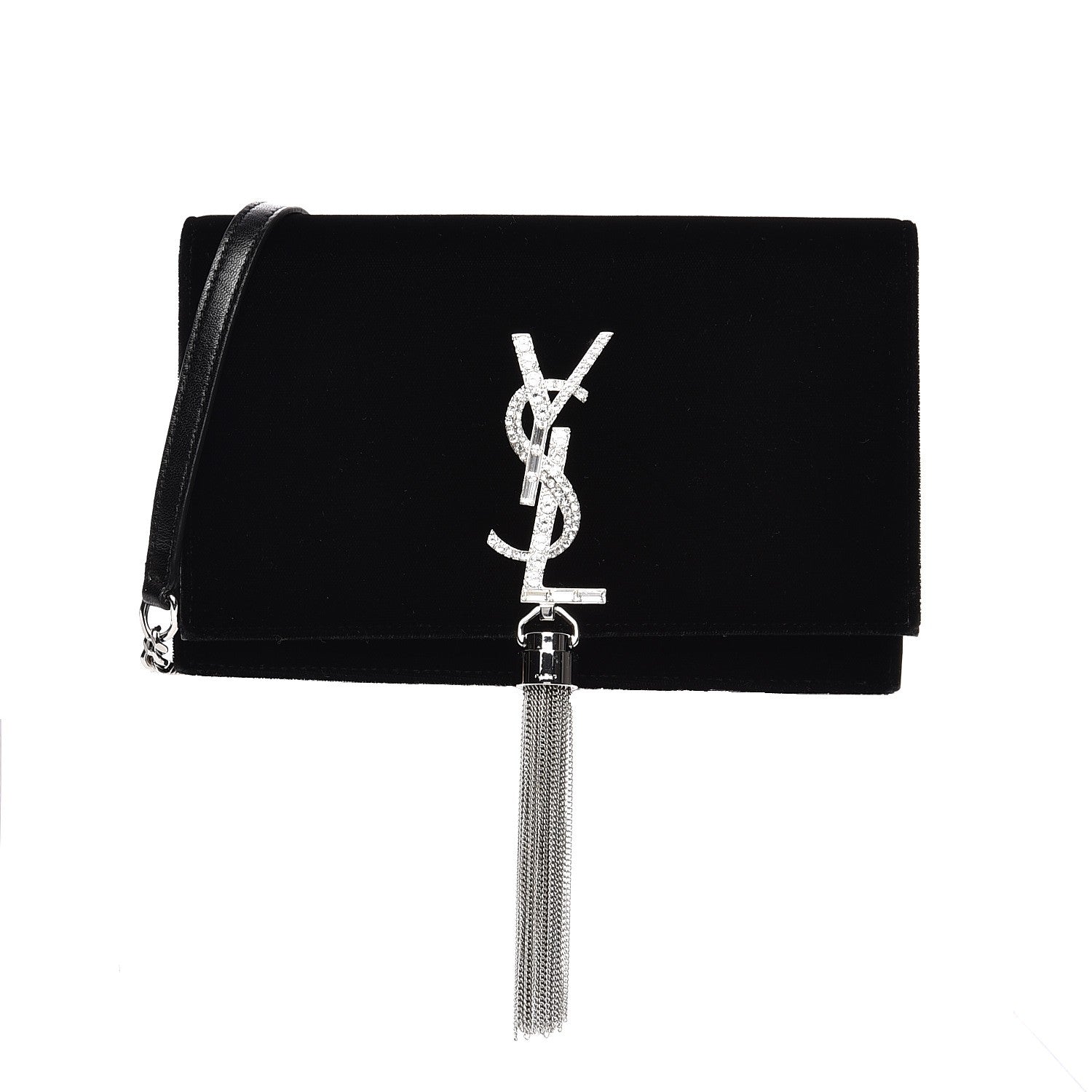Saint Laurent Velvet Crystal Monogram Tassel Chain Wallet Black 1 of 7