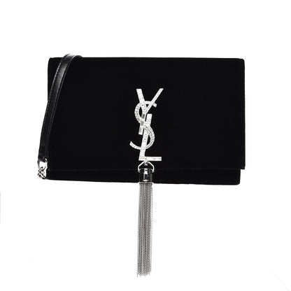 Saint Laurent Velvet Crystal Monogram Tassel Chain Wallet Black 1 of 7