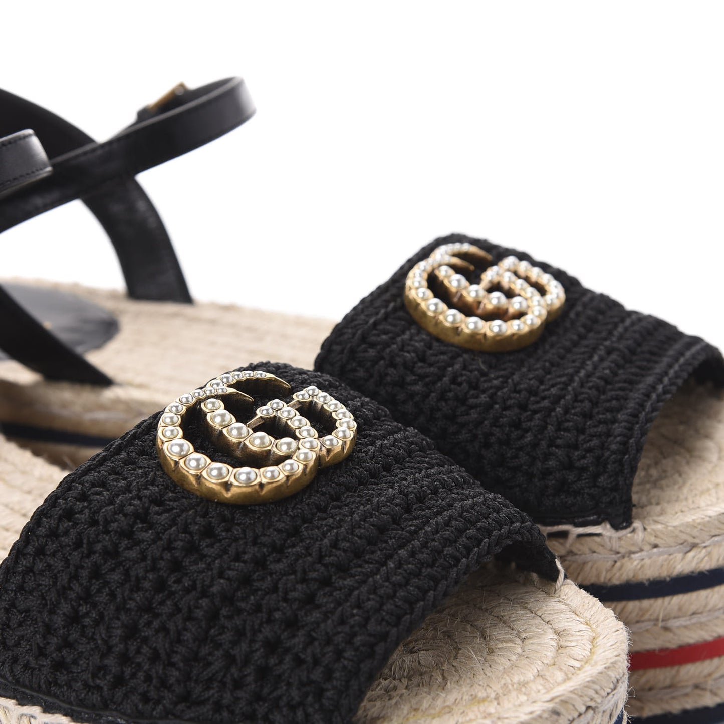 Cotton Malaga Kid Crochet Pearly GG Lilibeth Espadrille Platform Sandals 38 Black