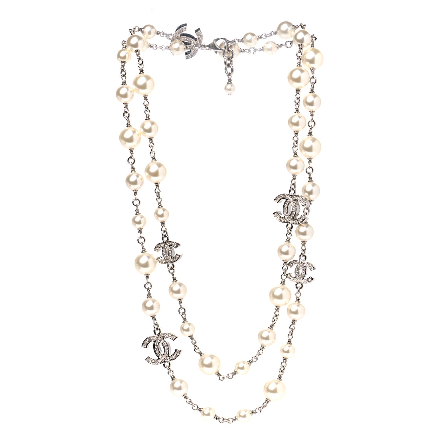 Crystal Pearl CC Long Necklace Silver