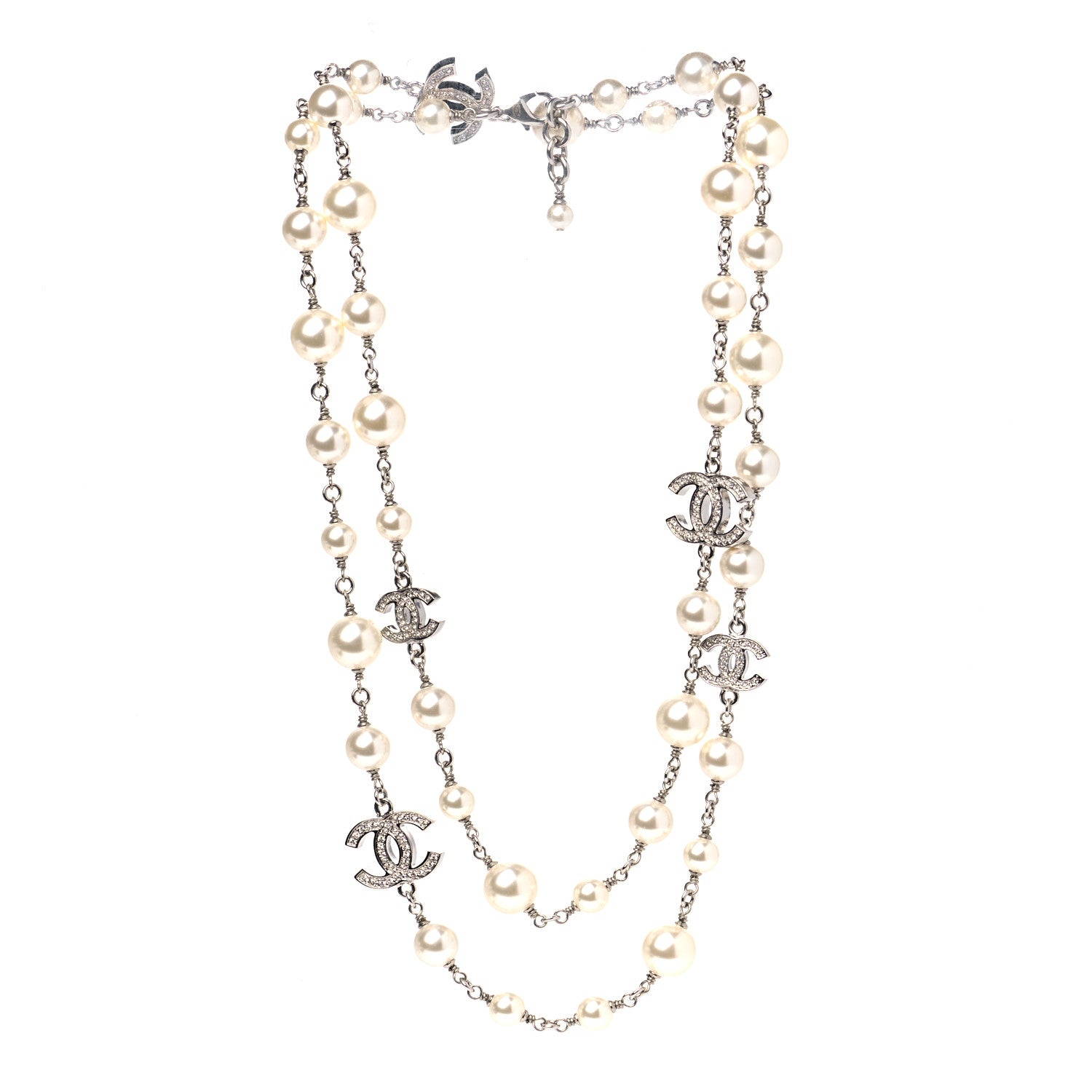 Chanel Crystal Pearl CC Long Necklace Silver 1 of 4