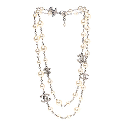 Chanel Crystal Pearl CC Long Necklace Silver 1 of 4