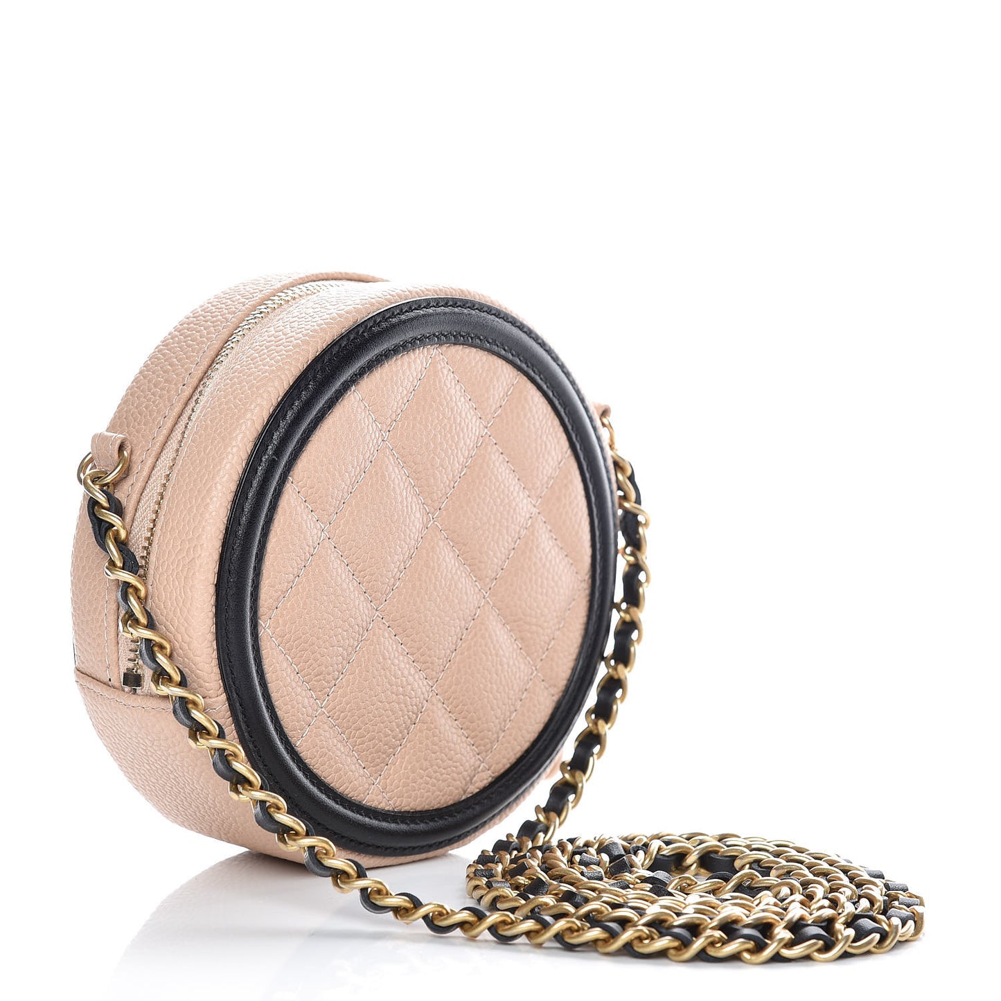 Caviar Quilted Round Filigree Crossbody Beige Black