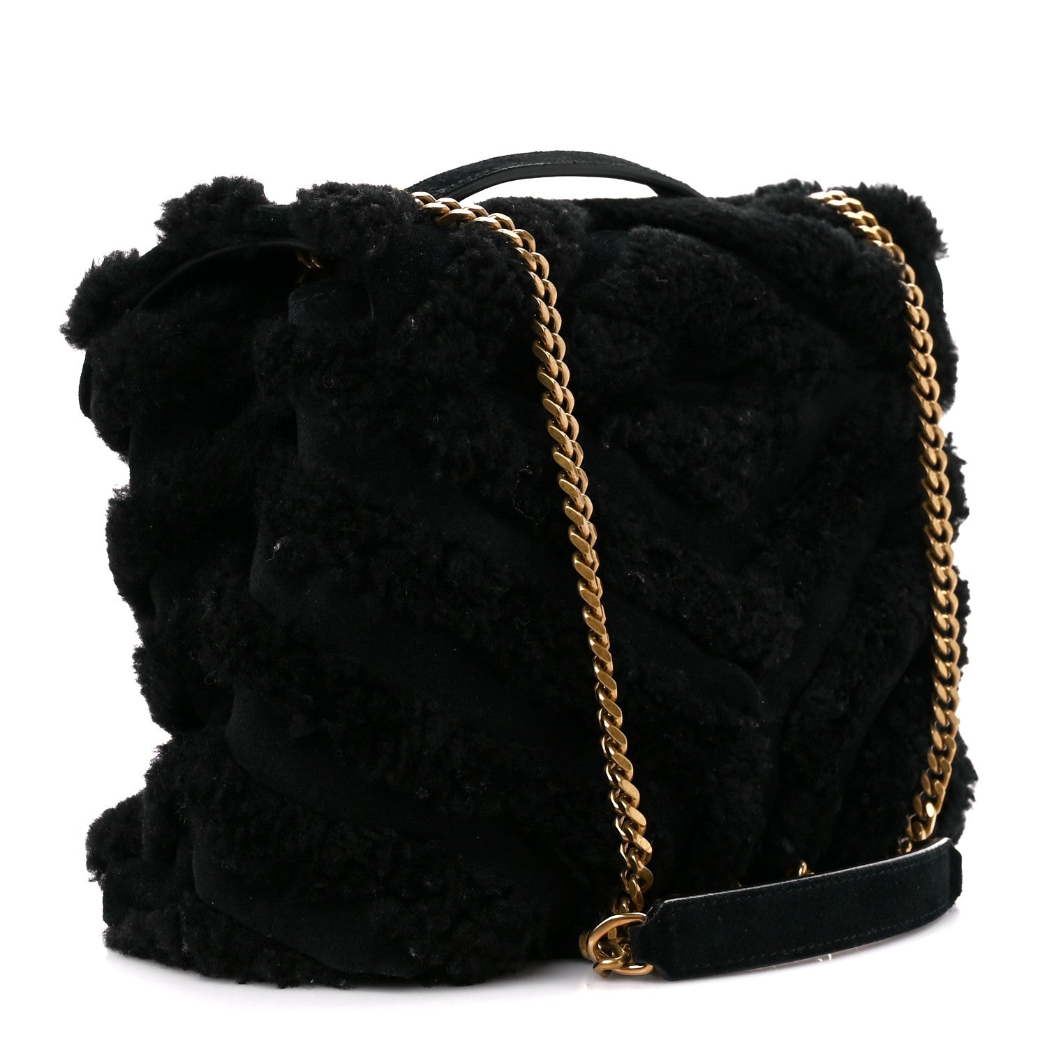 Saint Laurent Suede Shearling Y Quilted Monogram Small Loulou Chain Satchel Black 3 of 12