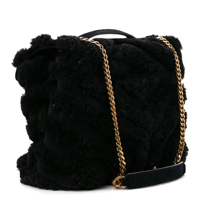 Saint Laurent Suede Shearling Y Quilted Monogram Small Loulou Chain Satchel Black 3 of 12