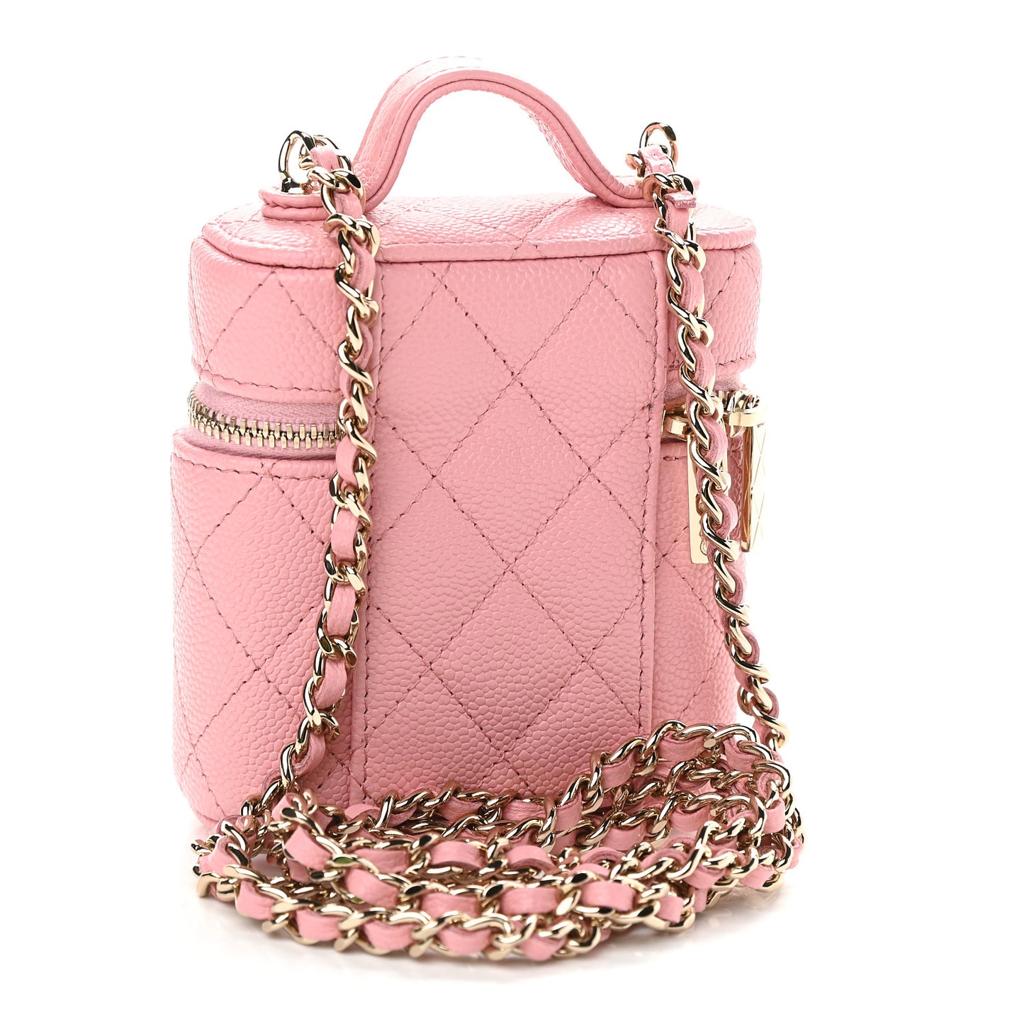 Caviar Quilted Small Handle With Care Vanity Case With Chain Pink