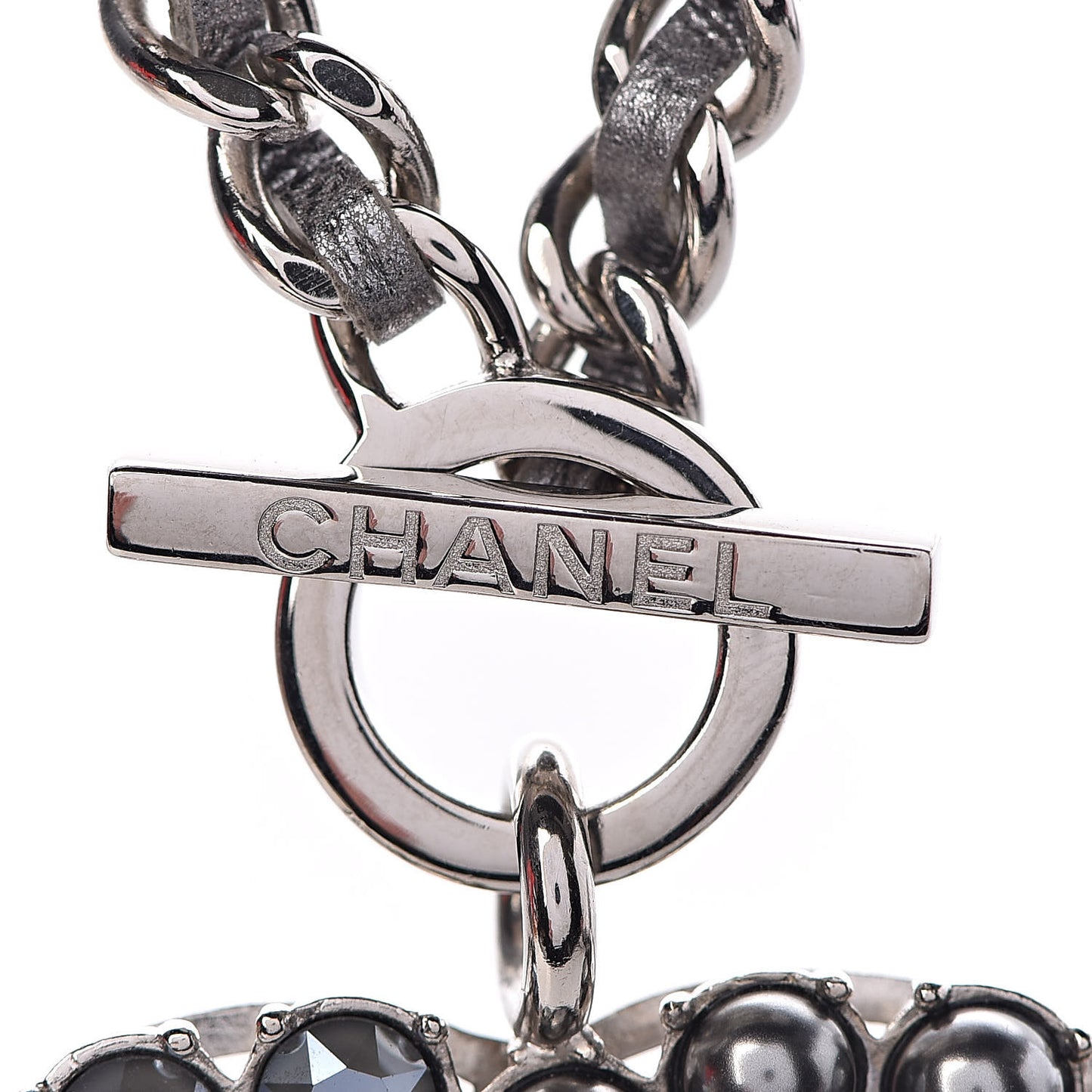 Crystal Beads Lambskin CC Short Necklace Silver