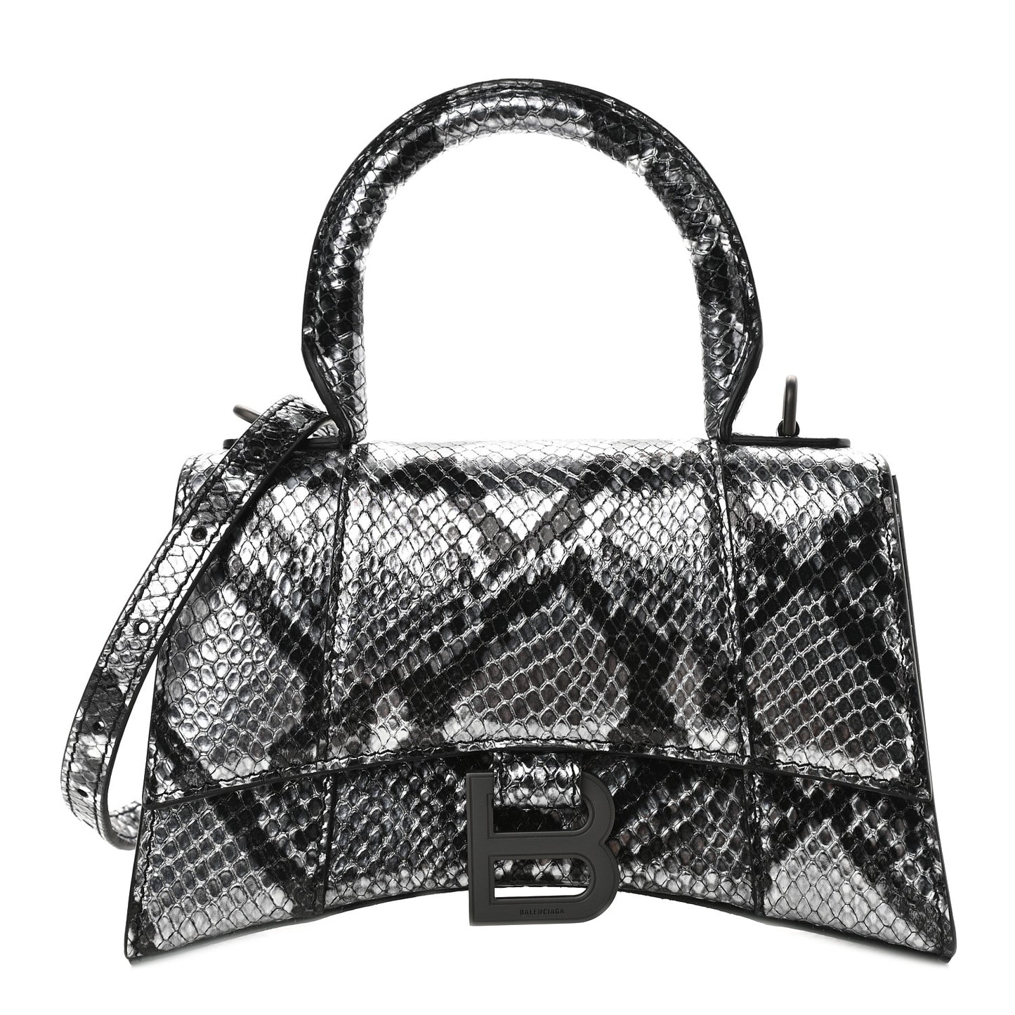 Shiny Calfskin Snakeskin Embossed Hourglass Top Handle Bag XS Silver Black