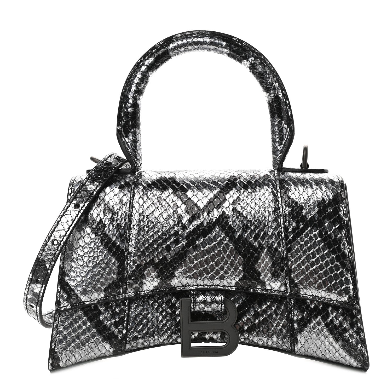 Balenciaga Shiny Calfskin Snakeskin Embossed Hourglass Top Handle Bag XS Silver Black 1 of 10