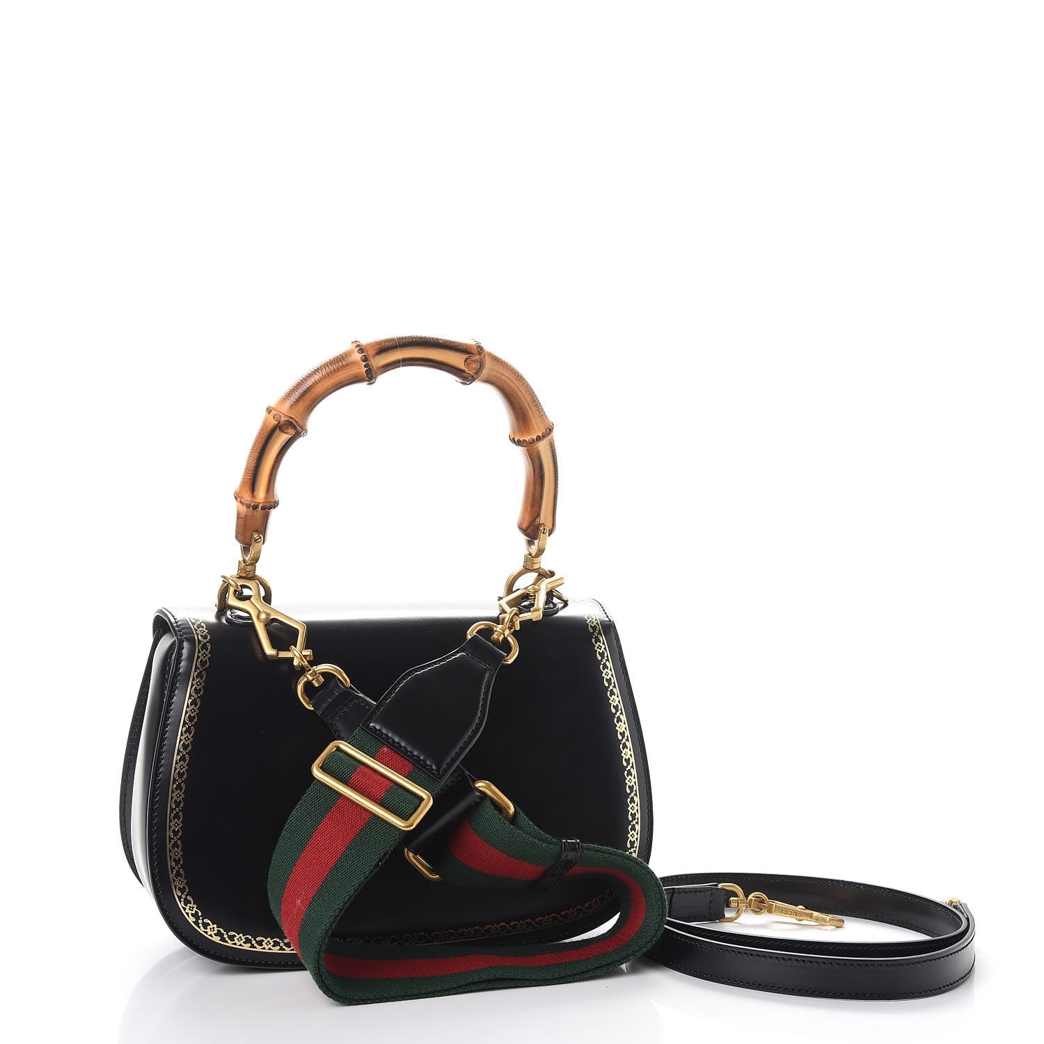 Gucci Calfskin Frame Print Bamboo Top Handle Bag Black 4 of 12