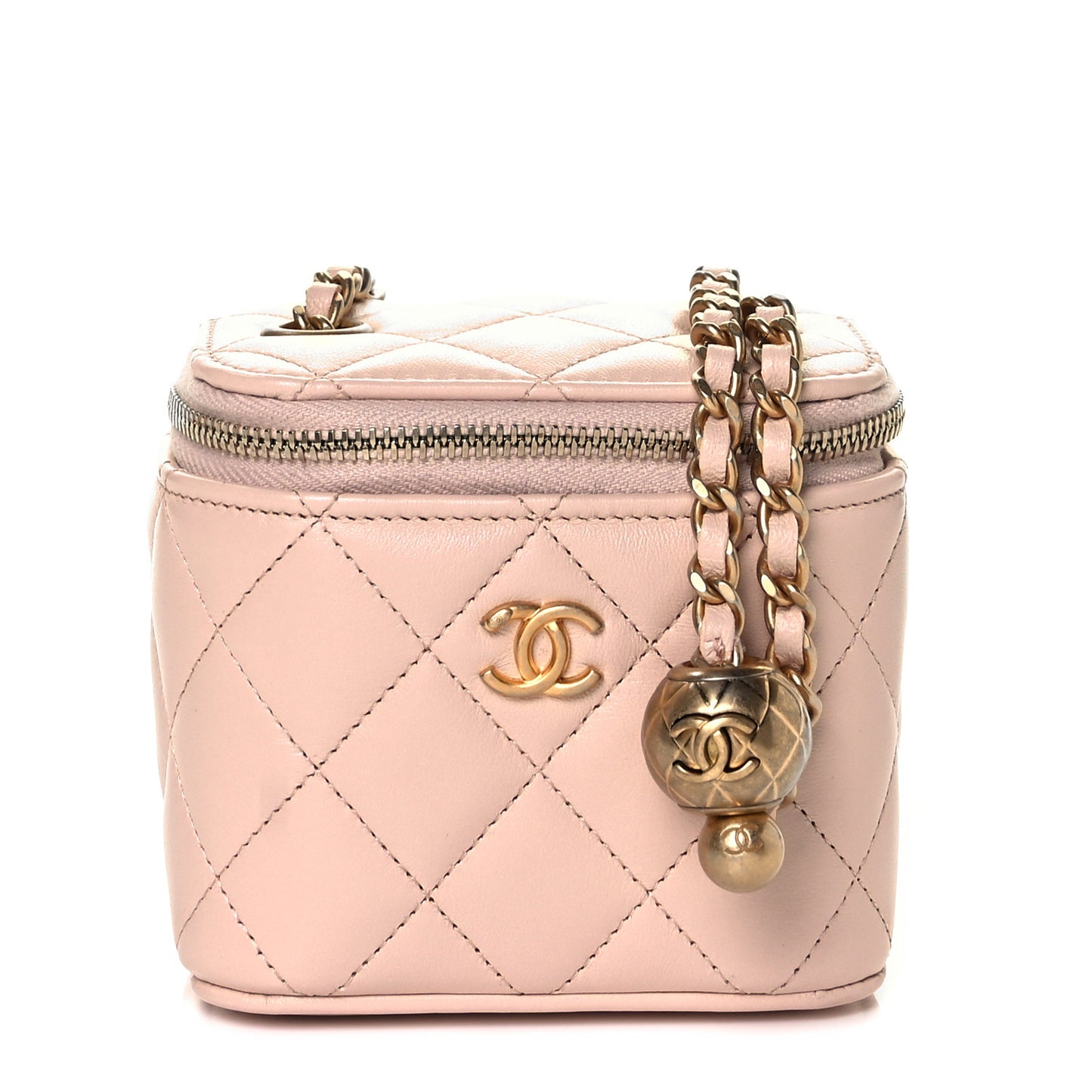 Lambskin Quilted Pearl Crush Mini Vanity Case With Chain Light Beige