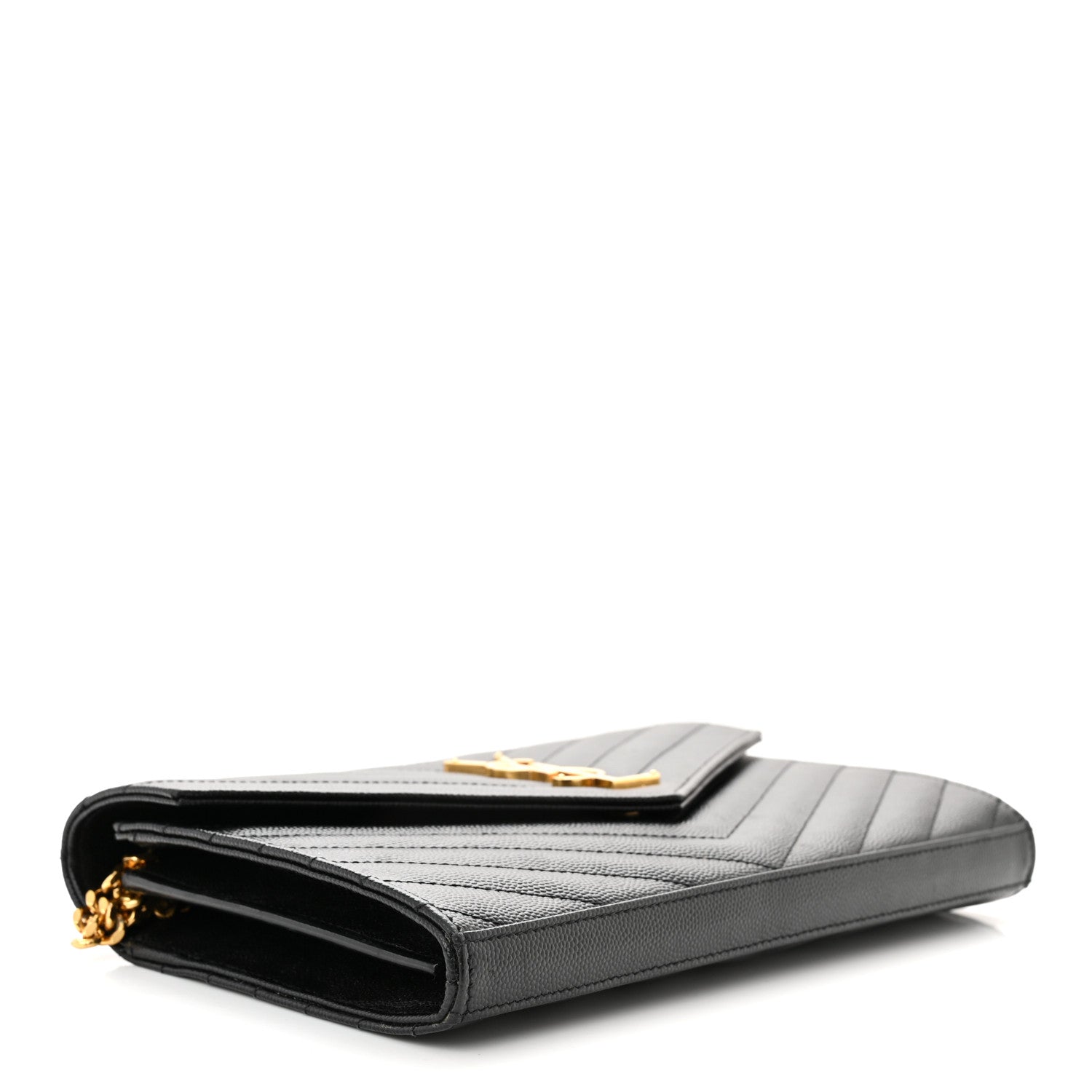 Saint Laurent Grain De Poudre Matelasse Chevron Monogram Chain Wallet Black 4 of 10