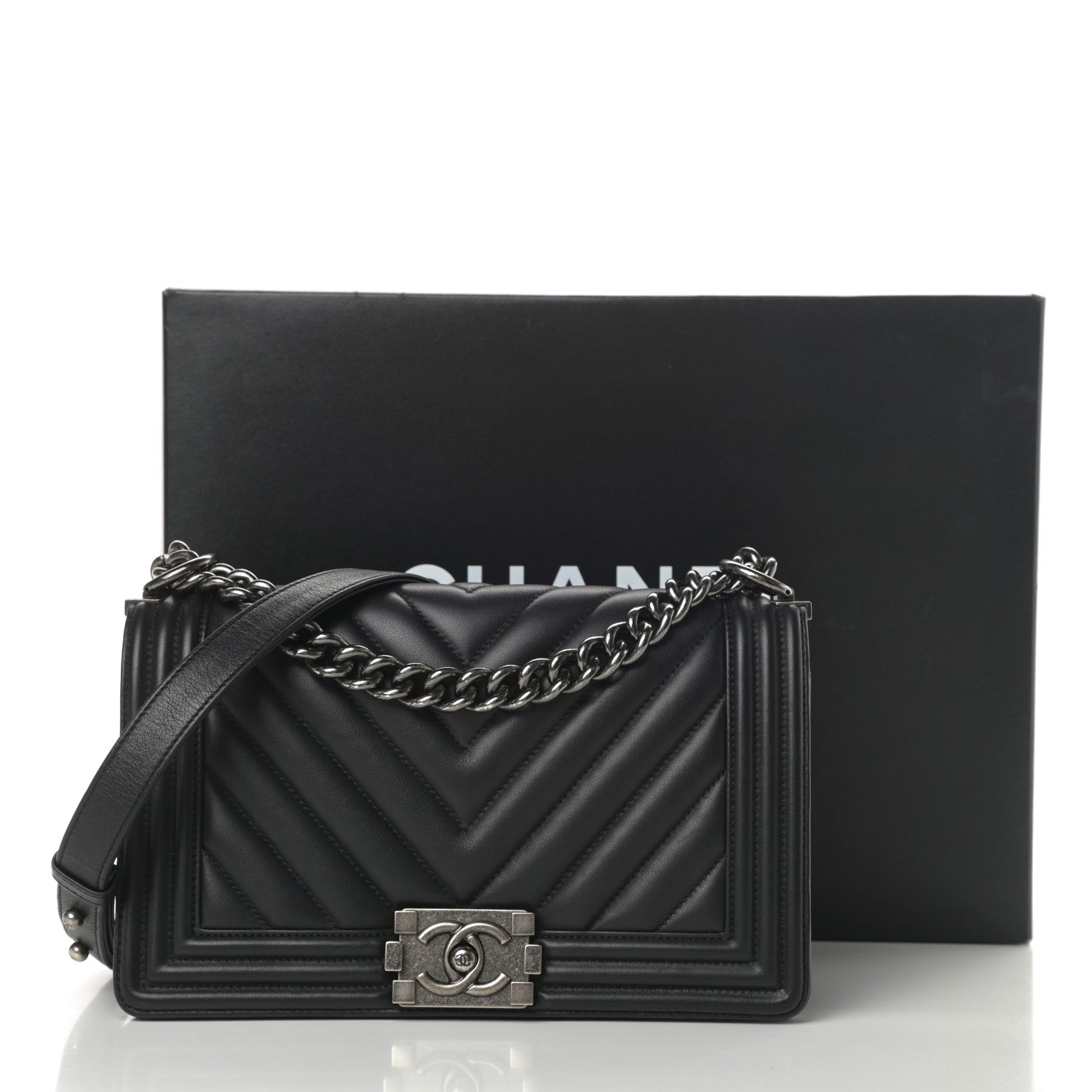Chanel Calfskin Chevron Quilted Medium Boy Flap Black 14 of 14