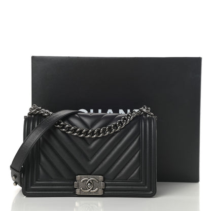 Chanel Calfskin Chevron Quilted Medium Boy Flap Black 14 of 14