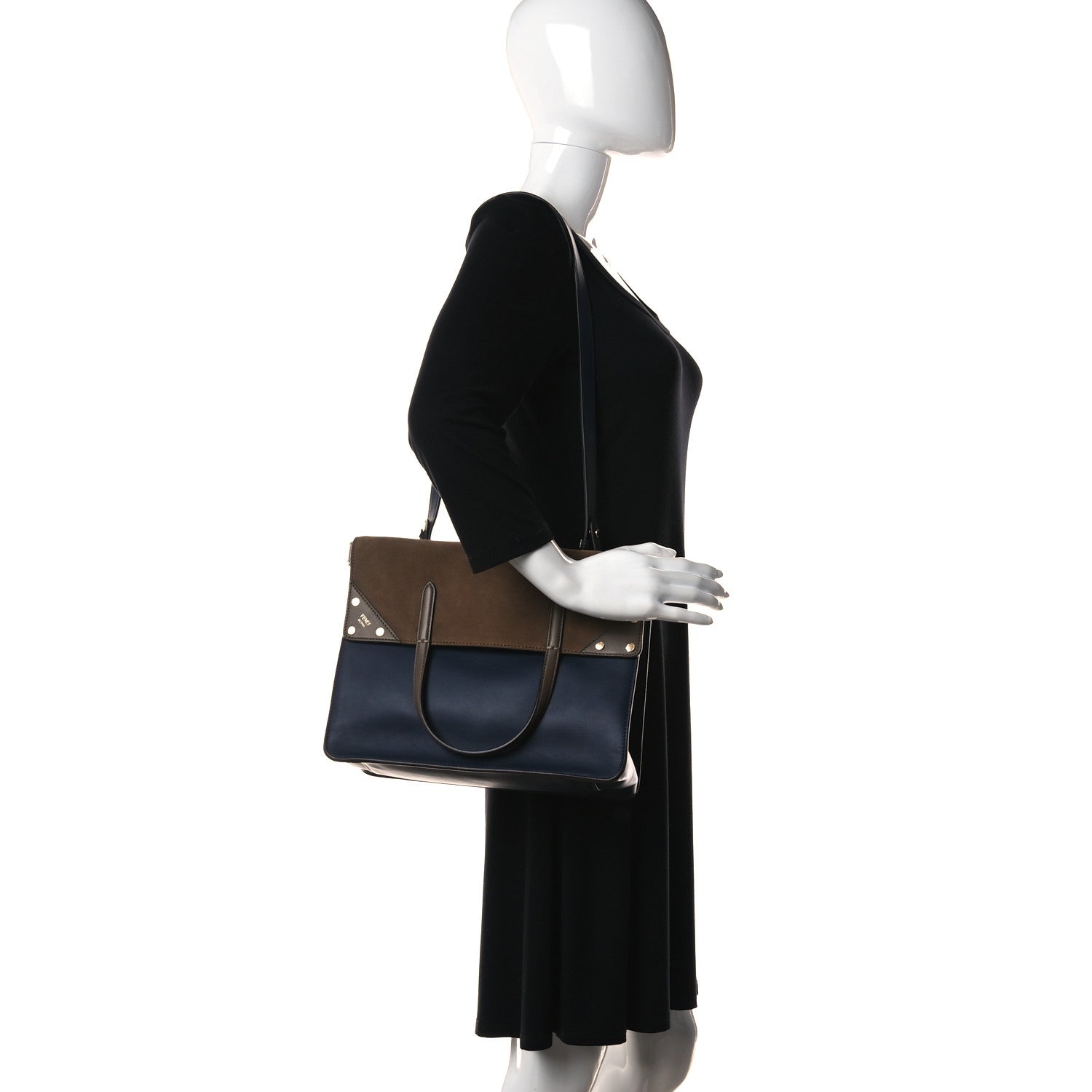 Fendi Vitello Grace Suede Large Flip Tote Midnight Marrone 2 of 12