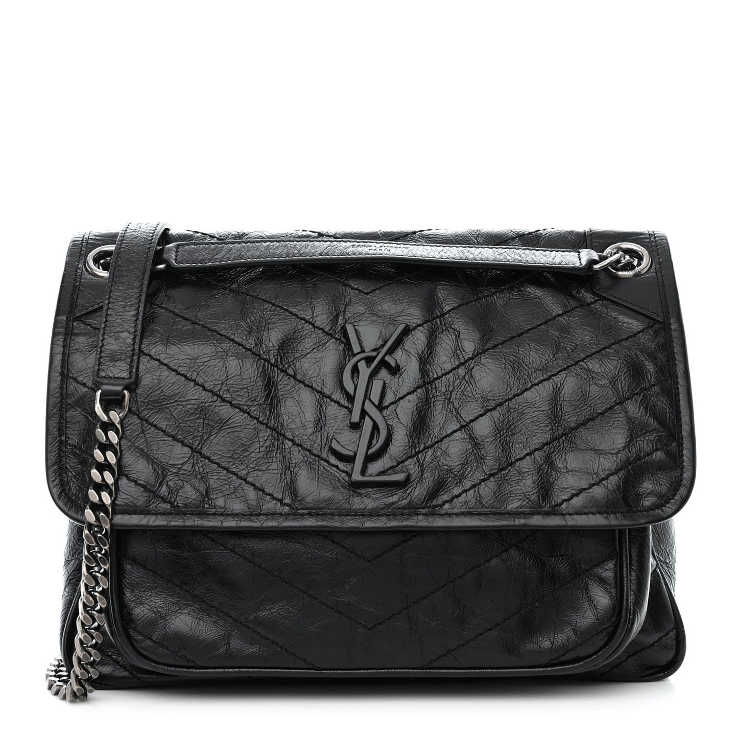 Crinkled Calfskin Matelasse Monogram Medium Niki Chain Satchel Black