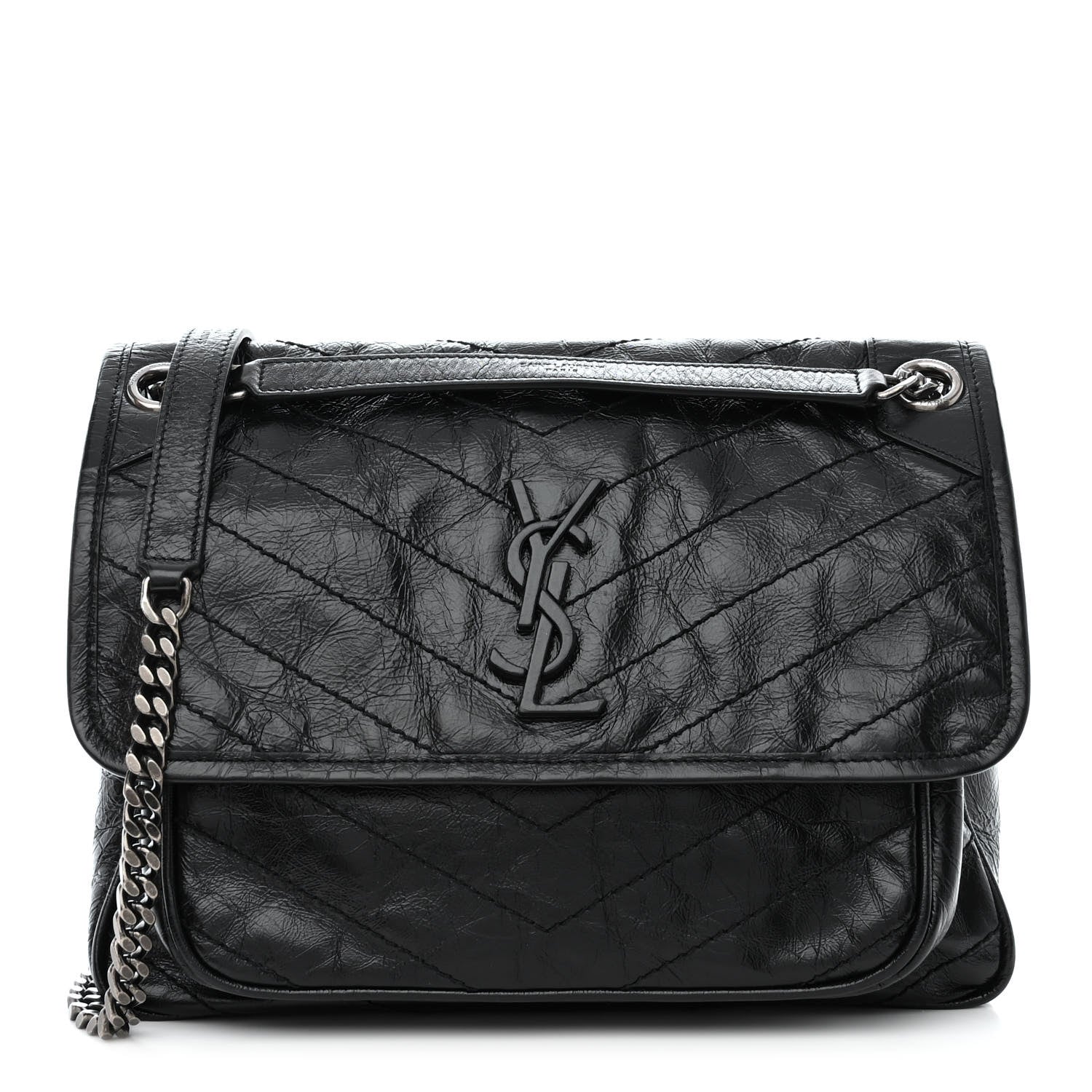 Saint Laurent Crinkled Calfskin Matelasse Monogram Medium Niki Chain Satchel Black 1 of 10